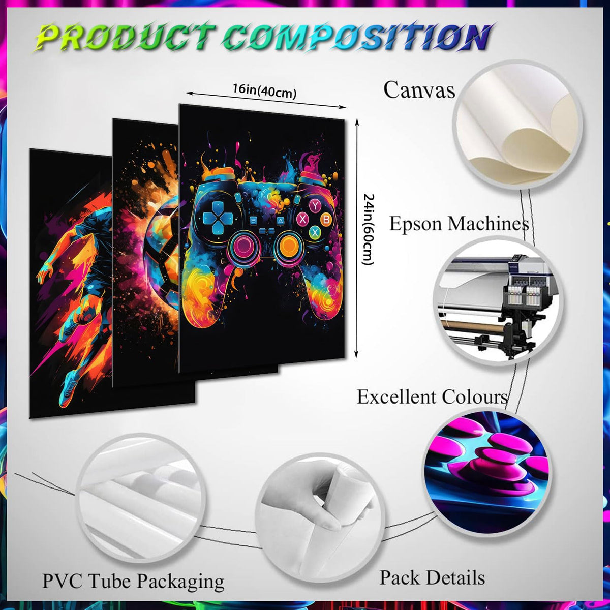 Game Room Decor Posters Set of 3 – Neon Gaming Wall Art – 2 Sizes & 10 Designs - Flex Gamingproduct_type