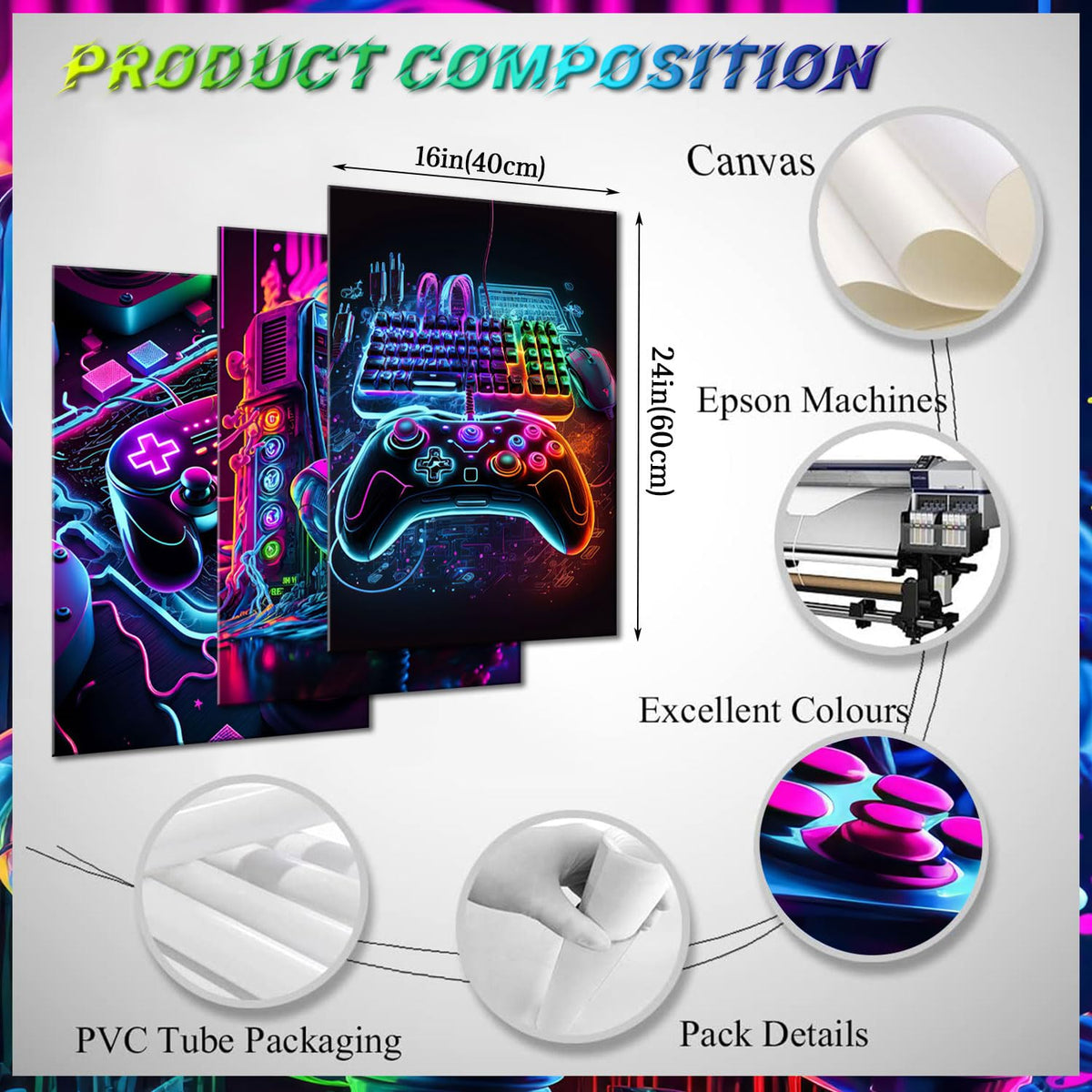 Game Room Decor Posters Set of 3 – Neon Gaming Wall Art – 2 Sizes & 10 Designs - Flex Gamingproduct_type