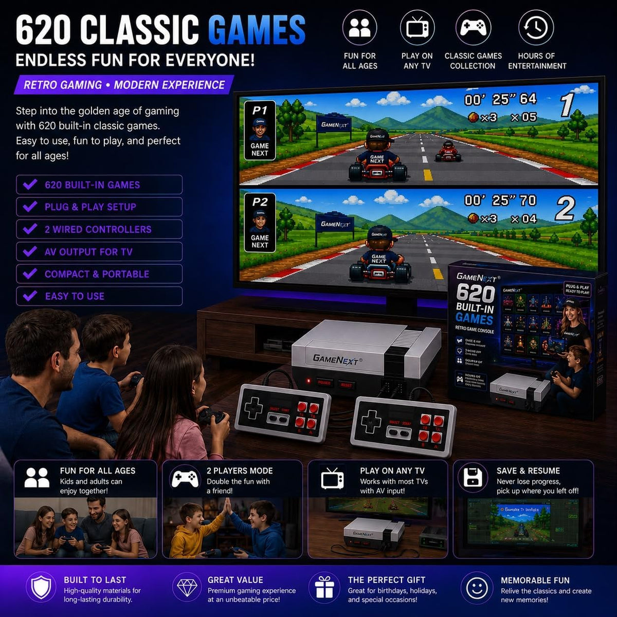 GameNext Retro Game Console with 620 Built-In Games & 2 Controllers - Flex Gamingproduct_type