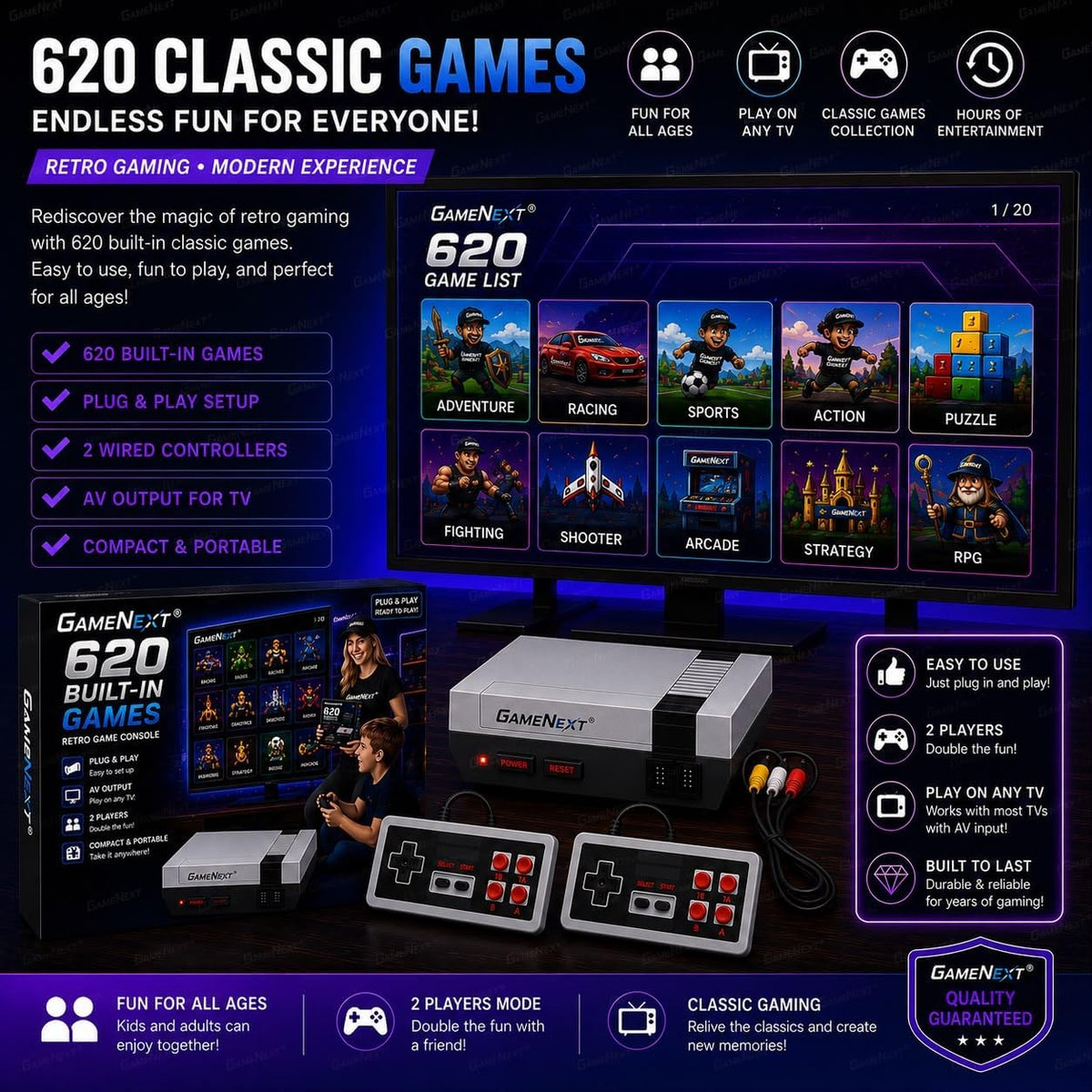 GameNext Retro Game Console with 620 Built-In Games & 2 Controllers - Flex Gamingproduct_type