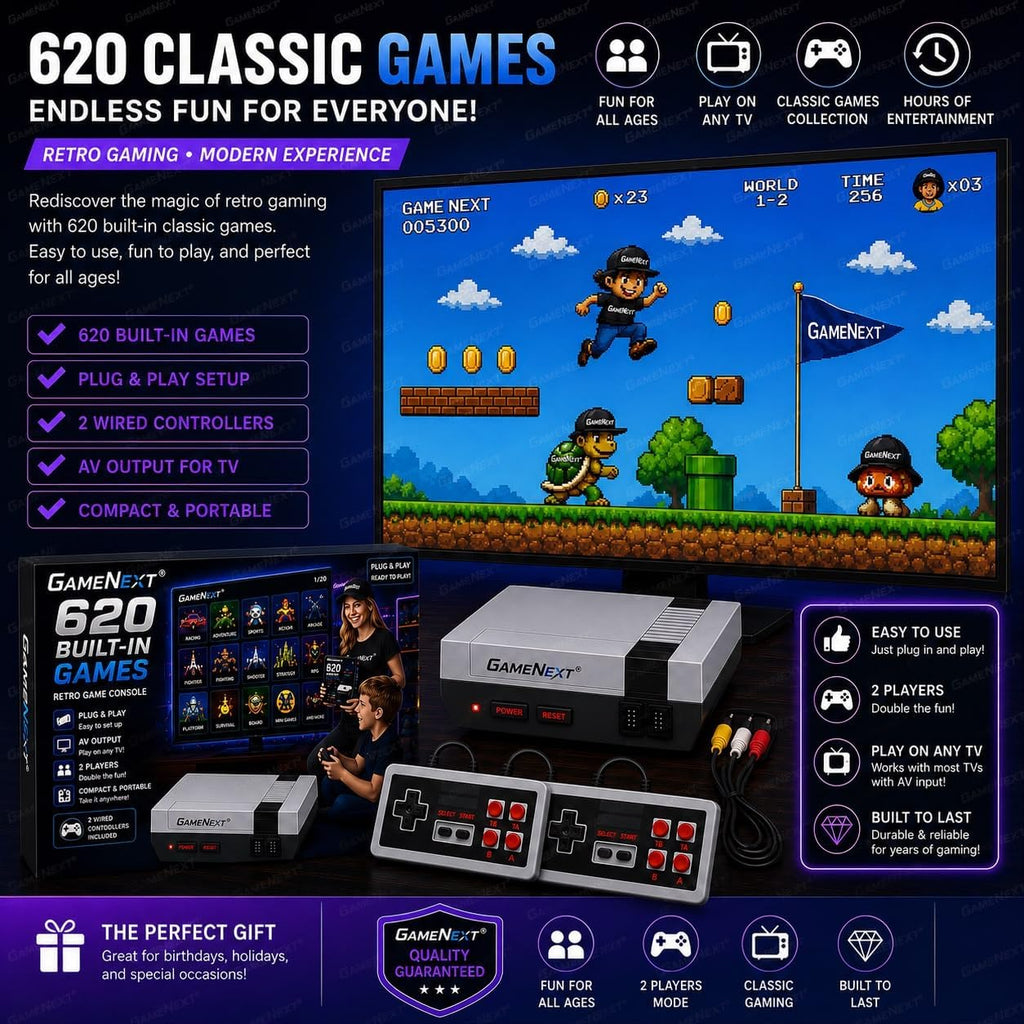 GameNext Retro Game Console with 620 Built-In Games & 2 Controllers - Flex Gamingproduct_type