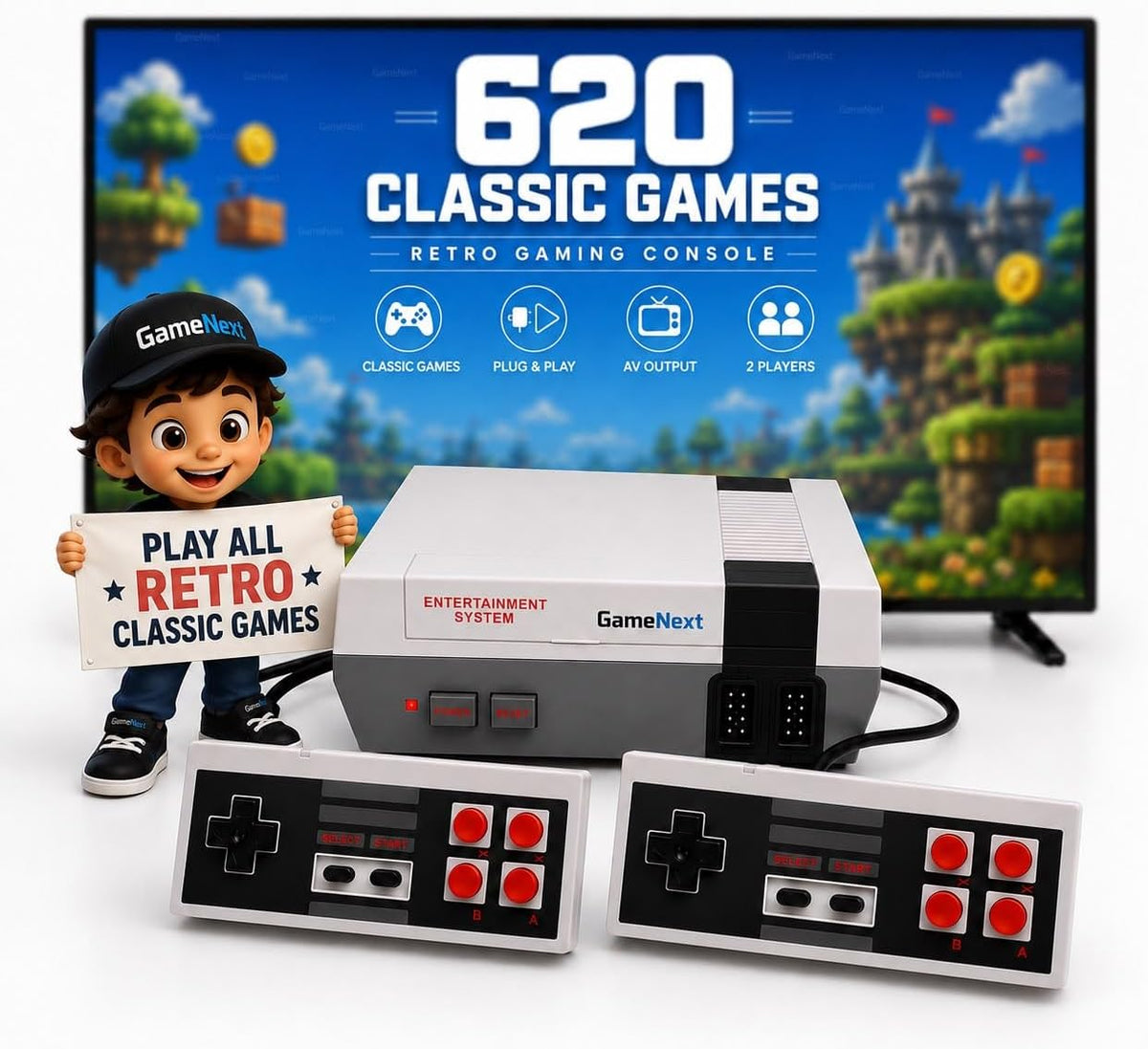 GameNext Retro Game Console with 620 Built-In Games & 2 Controllers - Flex Gamingproduct_type