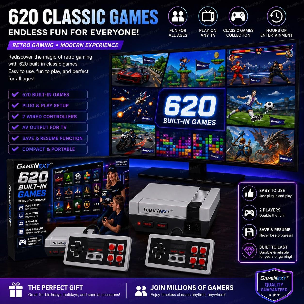 GameNext Retro Game Console with 620 Built-In Games & 2 Controllers - Flex Gamingproduct_type