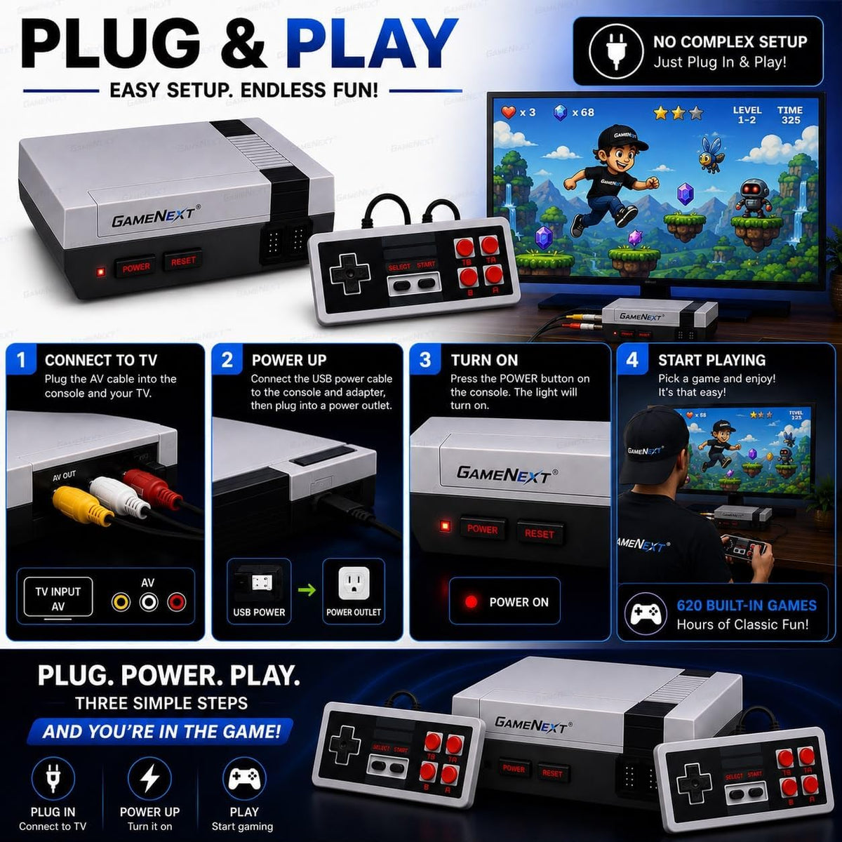 GameNext Retro Game Console with 620 Built-In Games & 2 Controllers - Flex Gamingproduct_type