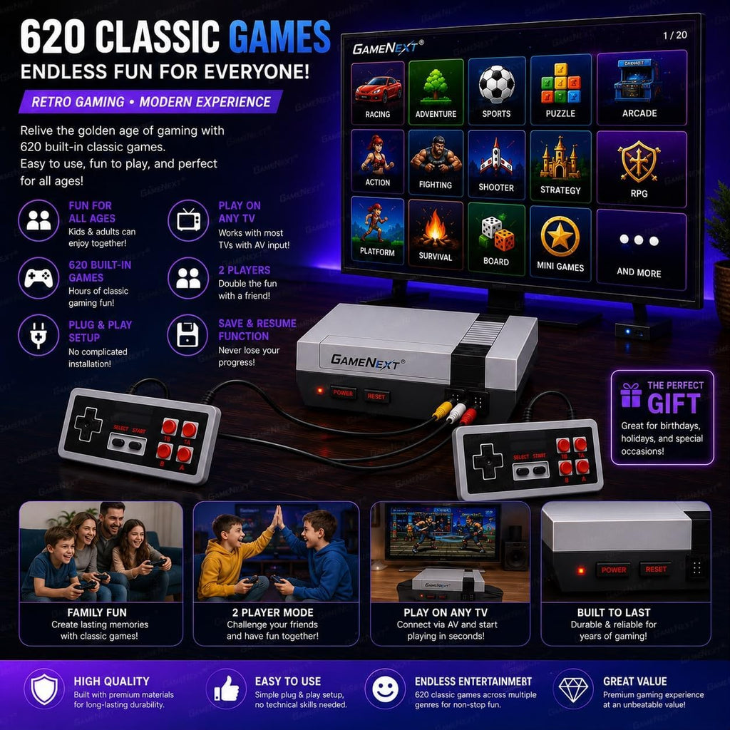 GameNext Retro Game Console with 620 Built-In Games & 2 Controllers - Flex Gamingproduct_type