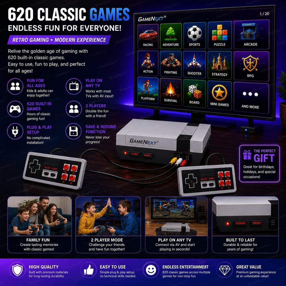 GameNext Retro Game Console with 620 Built-In Games & 2 Controllers - Flex Gamingproduct_type