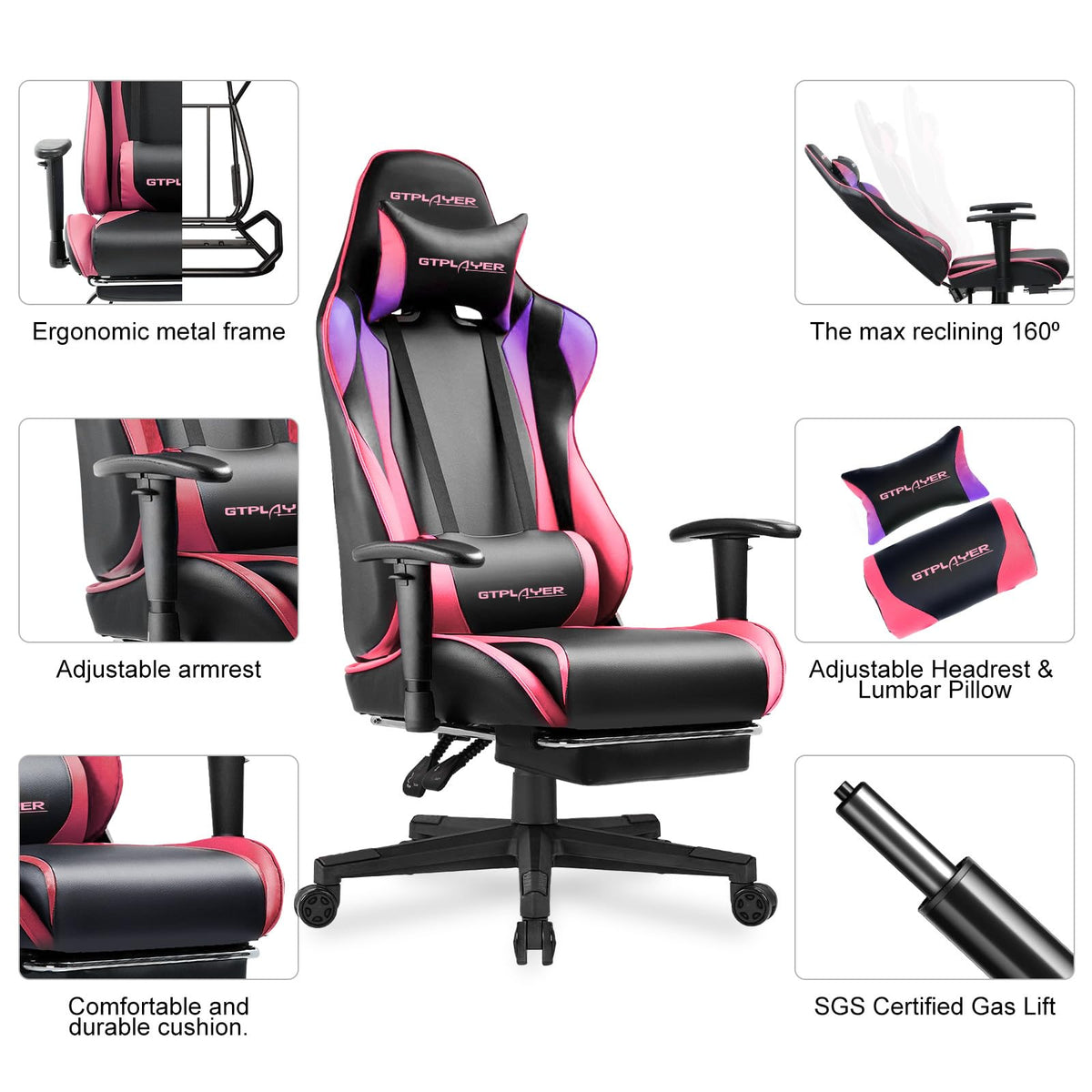 GTPLAYER Gaming Chair with Footrest, 3D Armrests & Lumbar Support – 8 Colors - Flex Gamingproduct_type