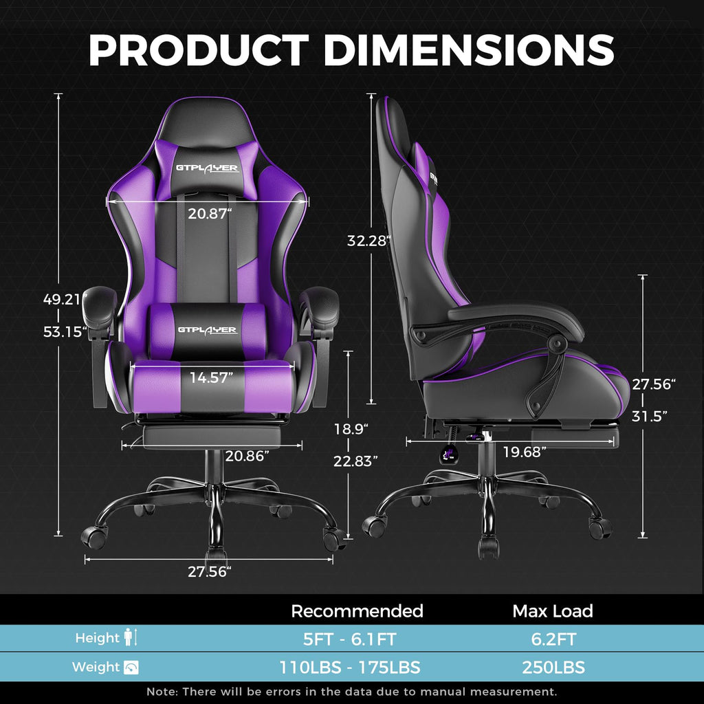 GTPLAYER Gaming Chair with Footrest & Lumbar Support, 300lb Capacity – 12 Colors - Flex Gamingproduct_type