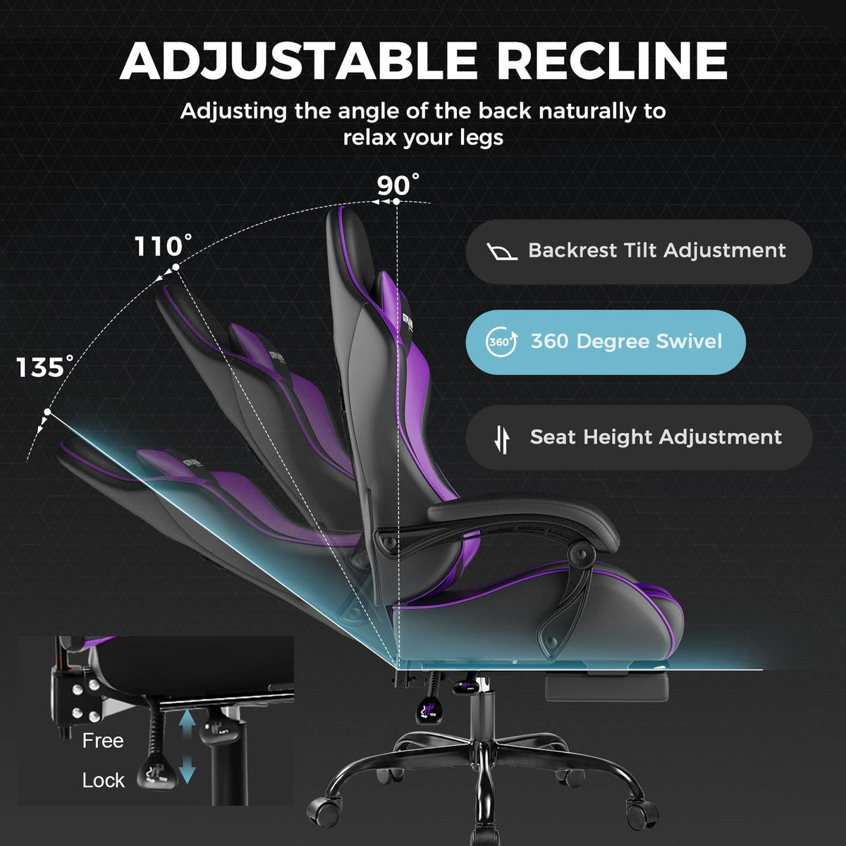 GTPLAYER Gaming Chair with Footrest & Lumbar Support, 300lb Capacity – 12 Colors - Flex Gamingproduct_type