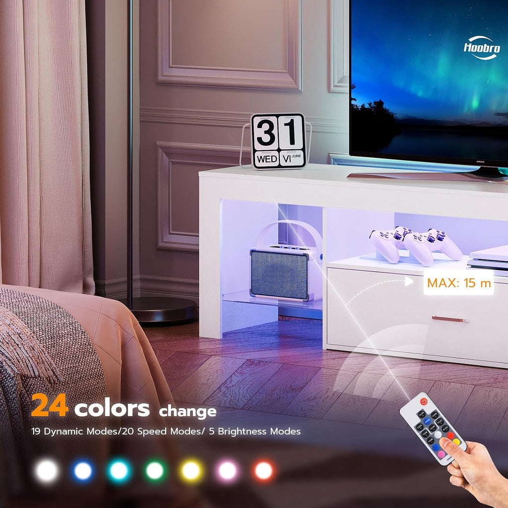 HOOBRO LED TV Stand with Power Outlets & Glass Shelves – 2 Sizes & 2 Colors - Flex Gamingproduct_type
