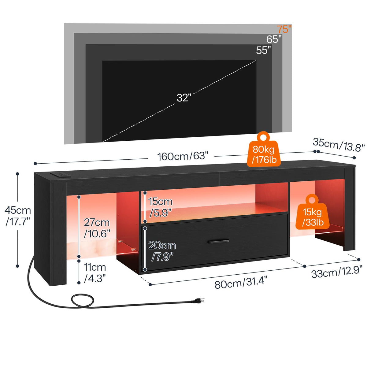 HOOBRO LED TV Stand with Power Outlets & Glass Shelves – 2 Sizes & 2 Colors - Flex Gamingproduct_type