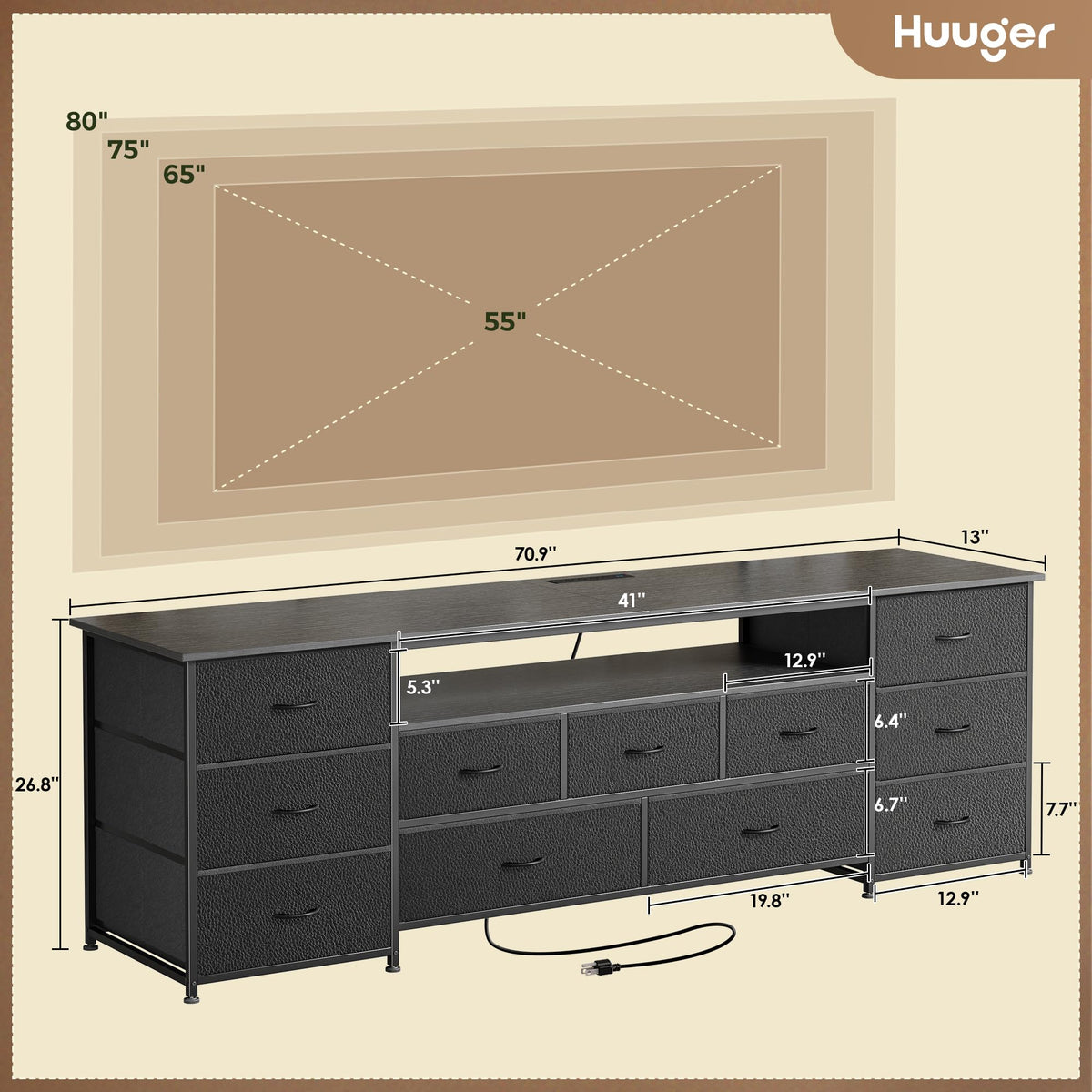 Huuger TV Stand Dresser with 11 Drawers, LED & Power Outlets – 3 Sizes & 4 Colors - Flex Gamingproduct_type