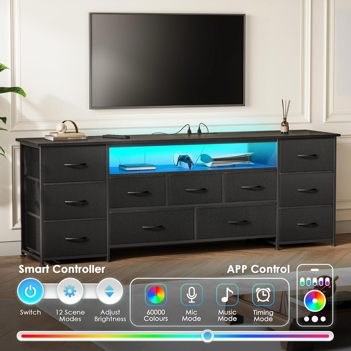 Huuger TV Stand Dresser with 11 Drawers, LED & Power Outlets – 3 Sizes & 4 Colors - Flex Gamingproduct_type