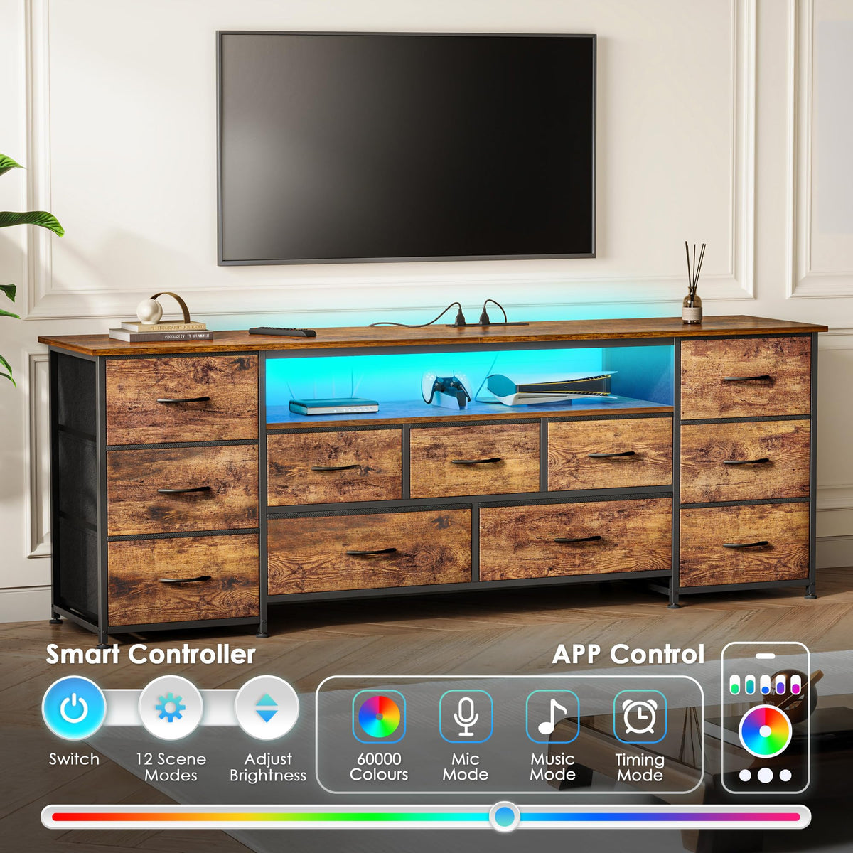 Huuger TV Stand Dresser with 11 Drawers, LED & Power Outlets – 3 Sizes & 4 Colors - Flex Gamingproduct_type