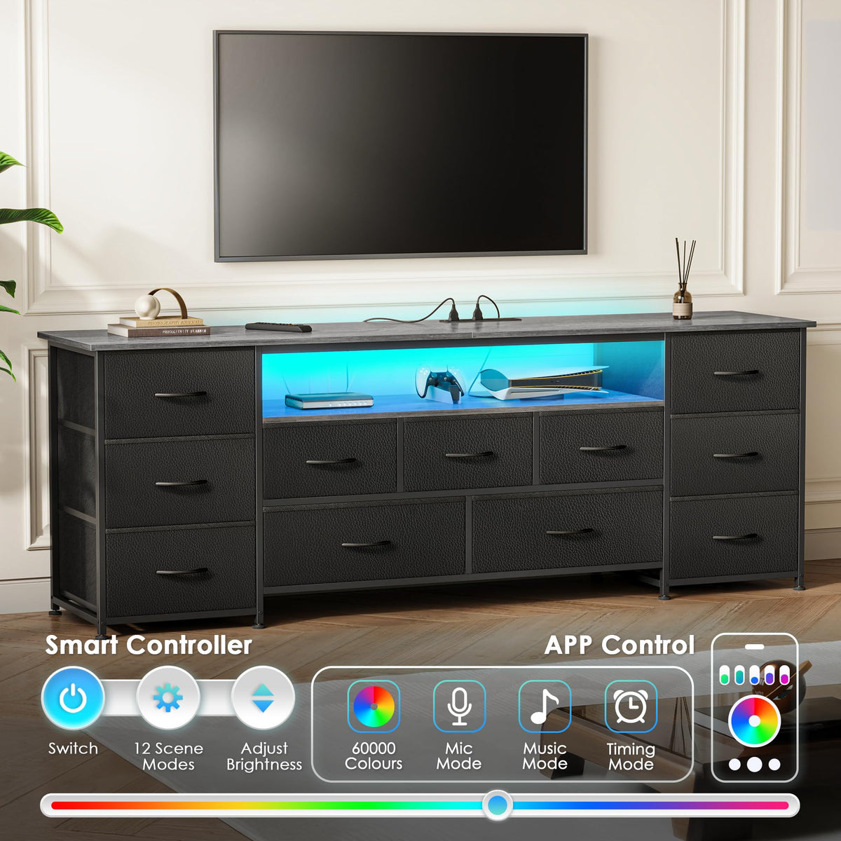 Huuger TV Stand Dresser with 11 Drawers, LED & Power Outlets – 3 Sizes & 4 Colors - Flex Gamingproduct_type