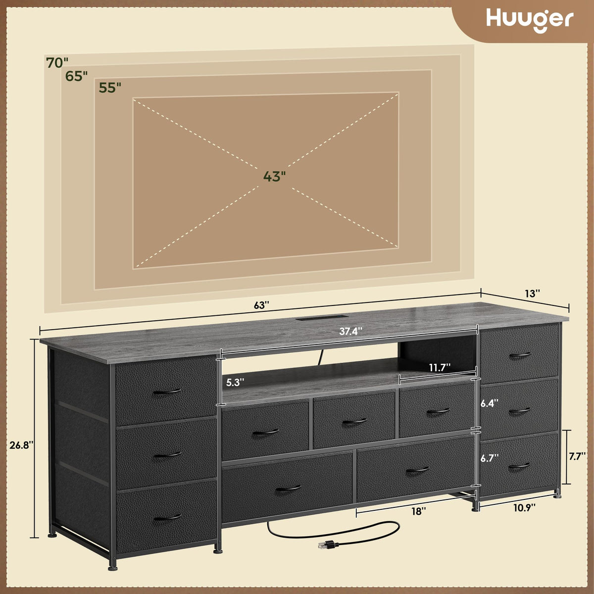 Huuger TV Stand Dresser with 11 Drawers, LED & Power Outlets – 3 Sizes & 4 Colors - Flex Gamingproduct_type