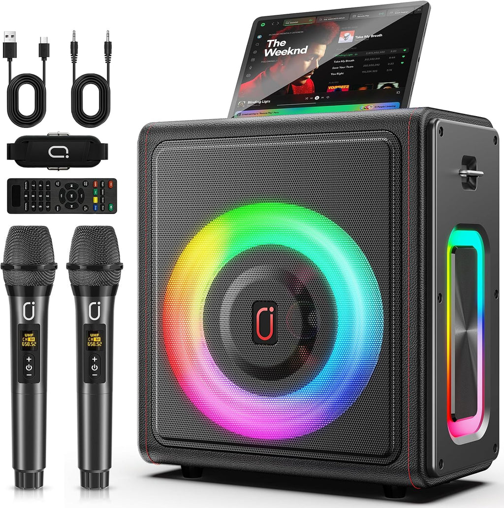 Karaoke Machine for Adults with 2 Wireless Microphones, 200W PA System | Pitch Correction, Bluetooth 5.3, Retro Leather Design, 24H Playtime, TV Connection, TWS Stereo and Live Performance Support - Flex Gamingproduct_type