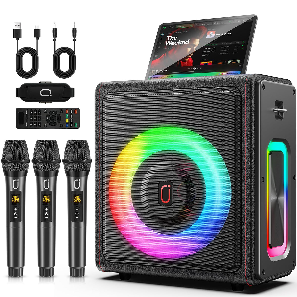 Karaoke Machine for Adults with 2 Wireless Microphones, 200W PA System | Pitch Correction, Bluetooth 5.3, Retro Leather Design, 24H Playtime, TV Connection, TWS Stereo and Live Performance Support - Flex Gamingproduct_type