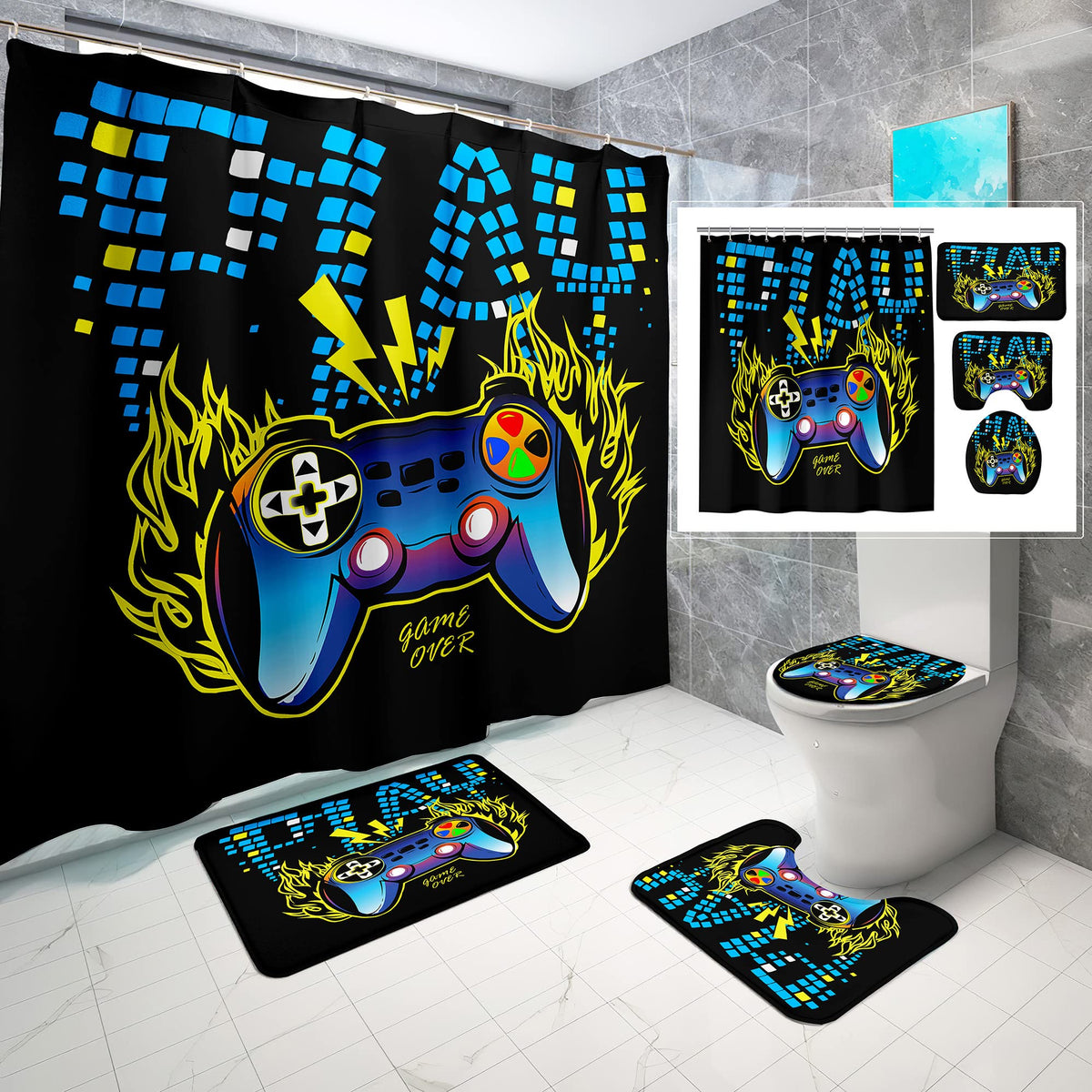 kodhyvj Gamer Shower Curtain Set, 4 Pieces – 9 Designs - Flex Gamingproduct_type