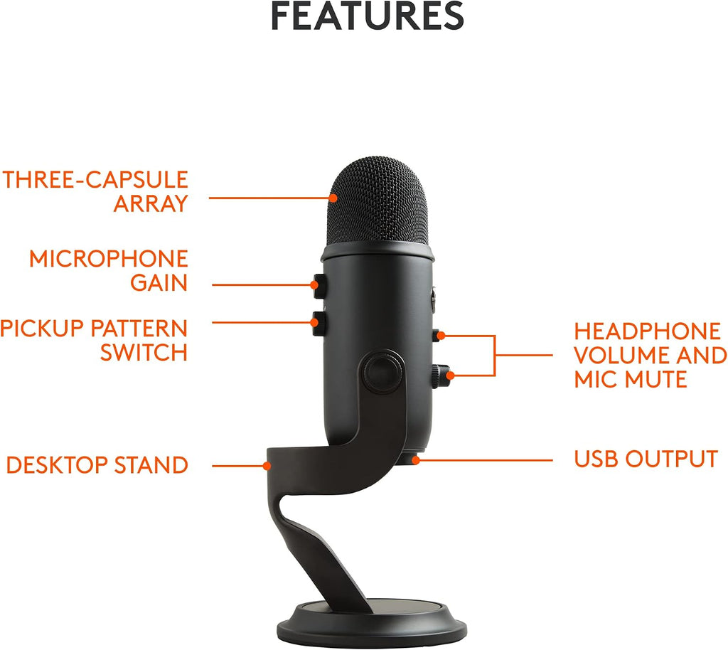 Logitech Creators Blue Yeti USB Microphone for PC, Mac, Gaming, Recording, Streaming, Podcasting, Studio and Computer Condenser Mic with Blue VO!CE effects, 4 Pickup Patterns, Plug and Play - Blackout | VO!CE effects, 4 pickup patterns, plug-and-play oper - Flex Gamingproduct_type