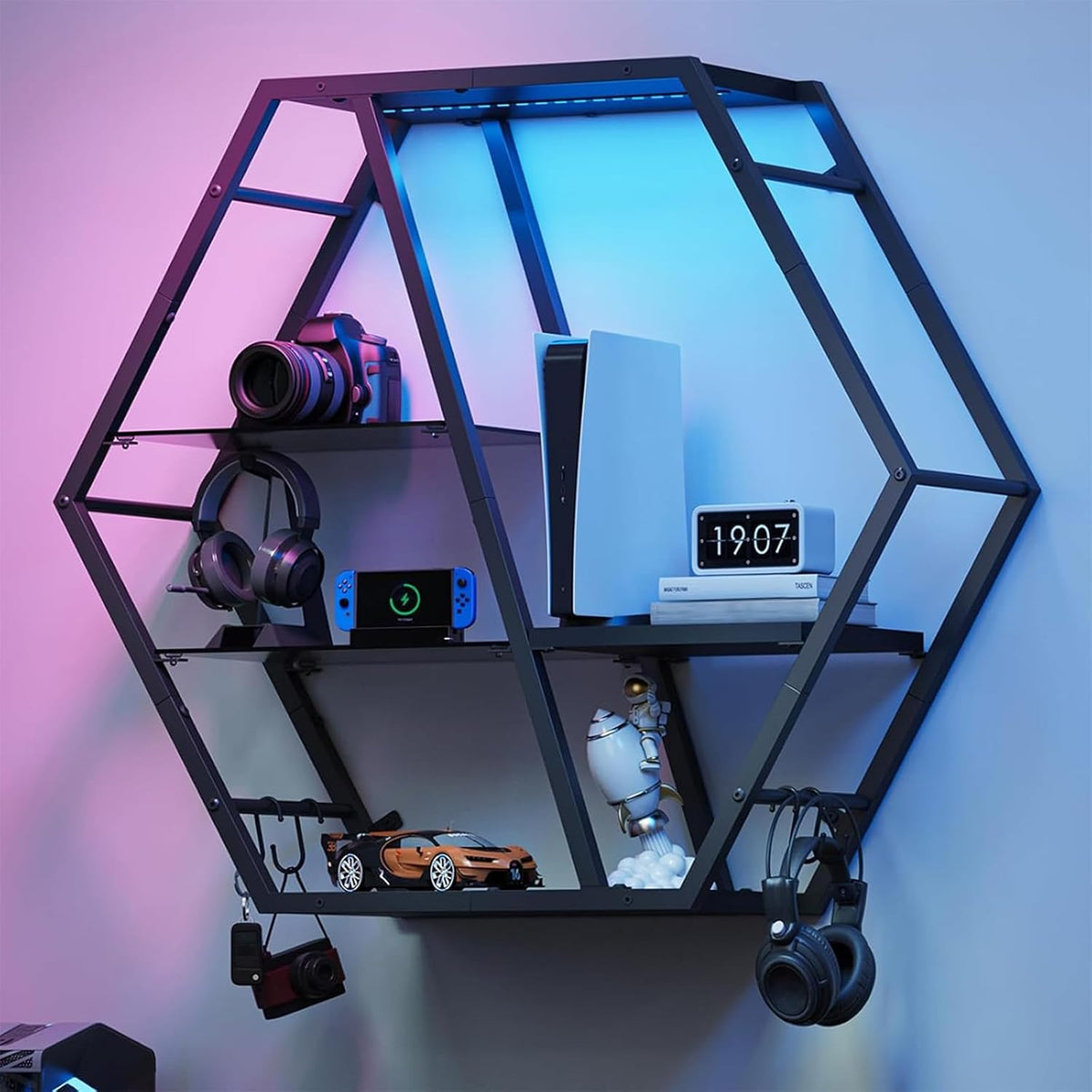 MAHANCRIS Gaming Floating Shelf with LED Lights & 4 Hooks – 2 Colors - Flex Gamingproduct_type