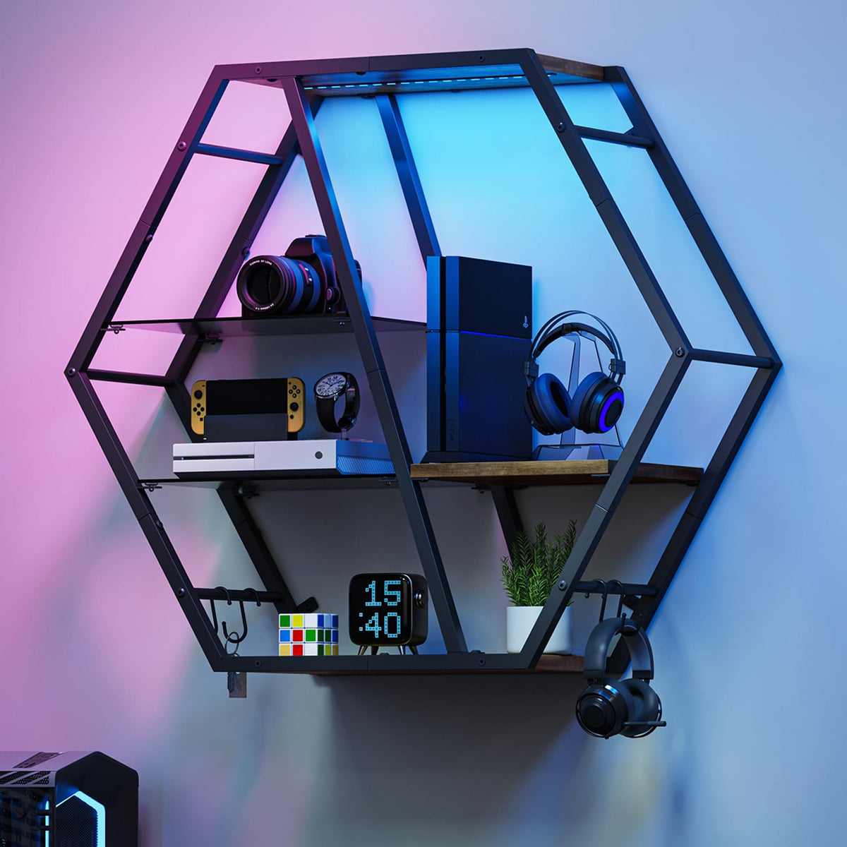 MAHANCRIS Gaming Floating Shelf with LED Lights & 4 Hooks – 2 Colors - Flex Gamingproduct_type