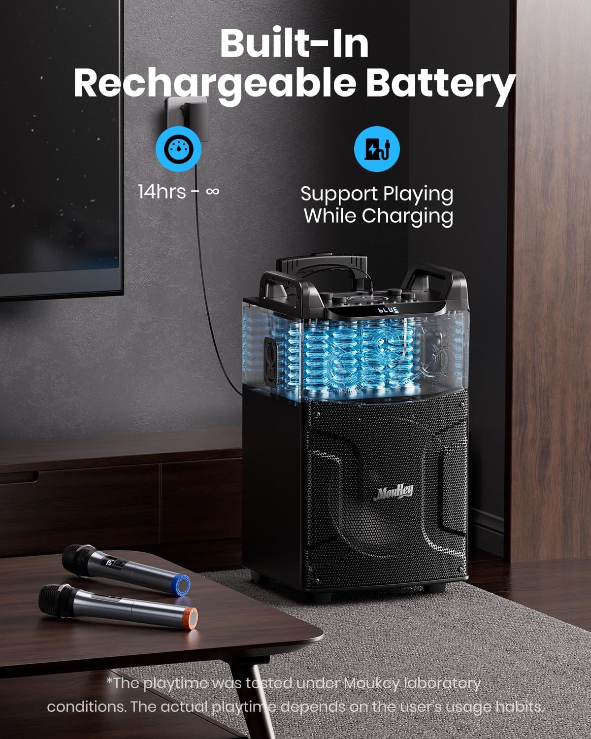 Moukey Karaoke Machine, 12" Woofer PA System, Portable Bluetooth Speaker with 2 Wireless Microphones, Party Lights and Echo/Treble/Bass Adjustment, Supports TWS/REC/AUX IN/MP3/USB/TF/FM - MTs12-1 - Flex Gamingproduct_type