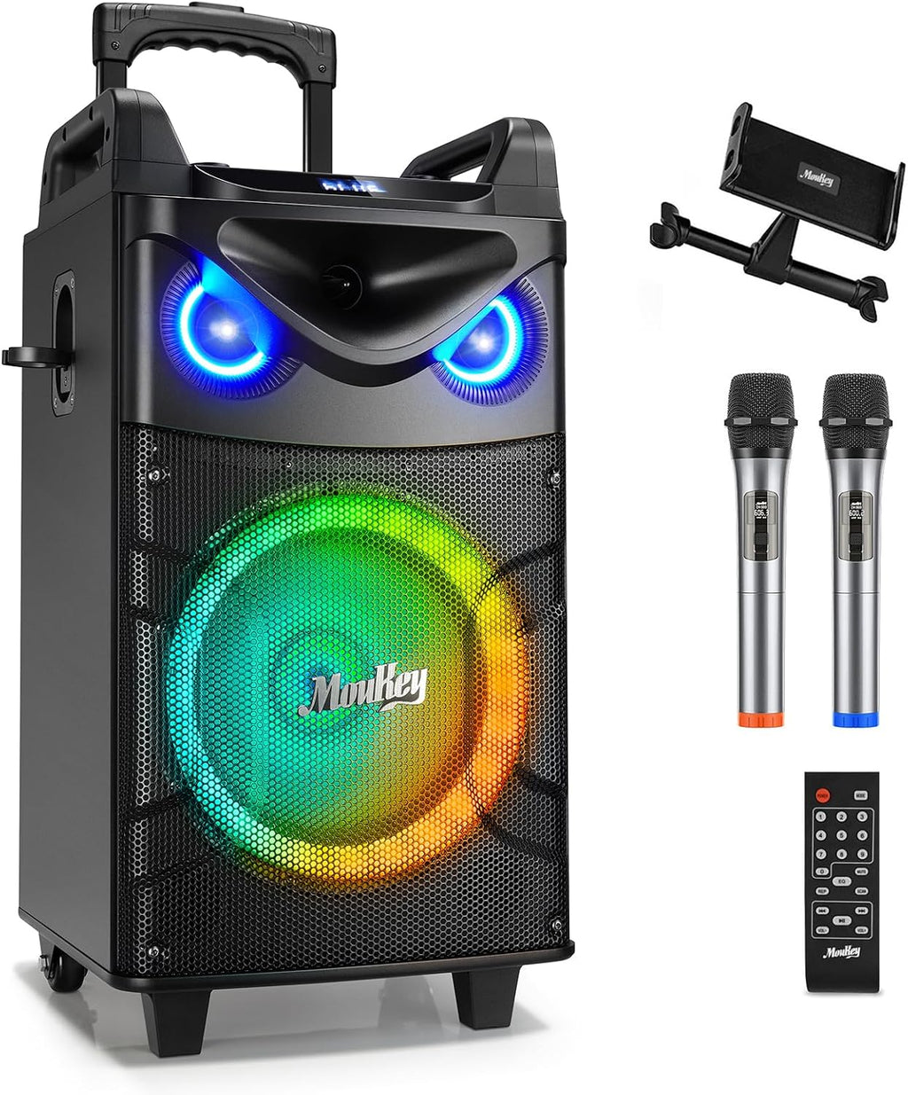 Moukey Karaoke Machine, 12" Woofer PA System, Portable Bluetooth Speaker with 2 Wireless Microphones, Party Lights and Echo/Treble/Bass Adjustment, Supports TWS/REC/AUX IN/MP3/USB/TF/FM - MTs12-1 - Flex Gamingproduct_type