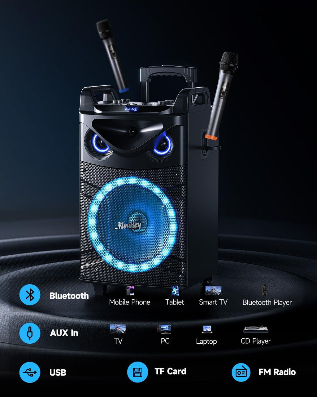 Moukey Karaoke Machine, 12" Woofer PA System, Portable Bluetooth Speaker with 2 Wireless Microphones, Party Lights and Echo/Treble/Bass Adjustment, Supports TWS/REC/AUX IN/MP3/USB/TF/FM - MTs12-1 - Flex Gamingproduct_type