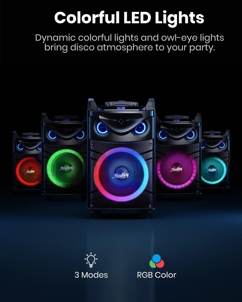 Moukey Karaoke Machine, 12" Woofer PA System, Portable Bluetooth Speaker with 2 Wireless Microphones, Party Lights and Echo/Treble/Bass Adjustment, Supports TWS/REC/AUX IN/MP3/USB/TF/FM - MTs12-1 - Flex Gamingproduct_type