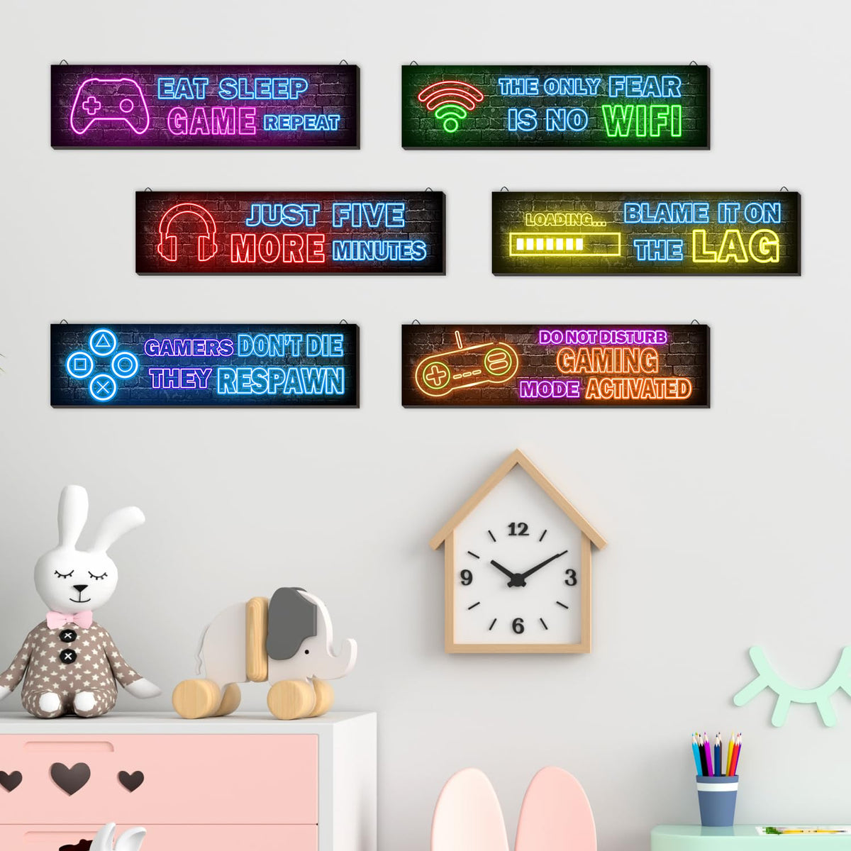 Neon Gaming Wall Posters 4-Pack – Wooden Gamer Room Decor – 2 Styles - Flex Gamingproduct_type