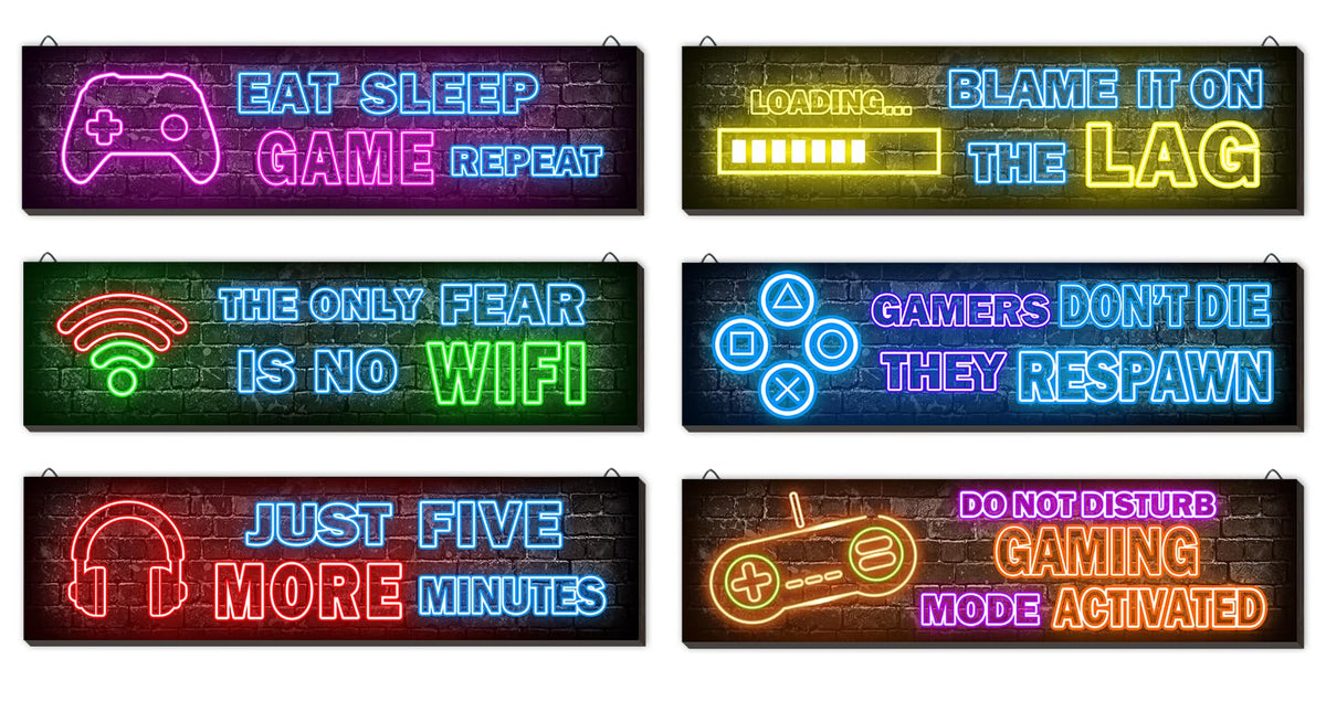 Neon Gaming Wall Posters 4-Pack – Wooden Gamer Room Decor – 2 Styles - Flex Gamingproduct_type
