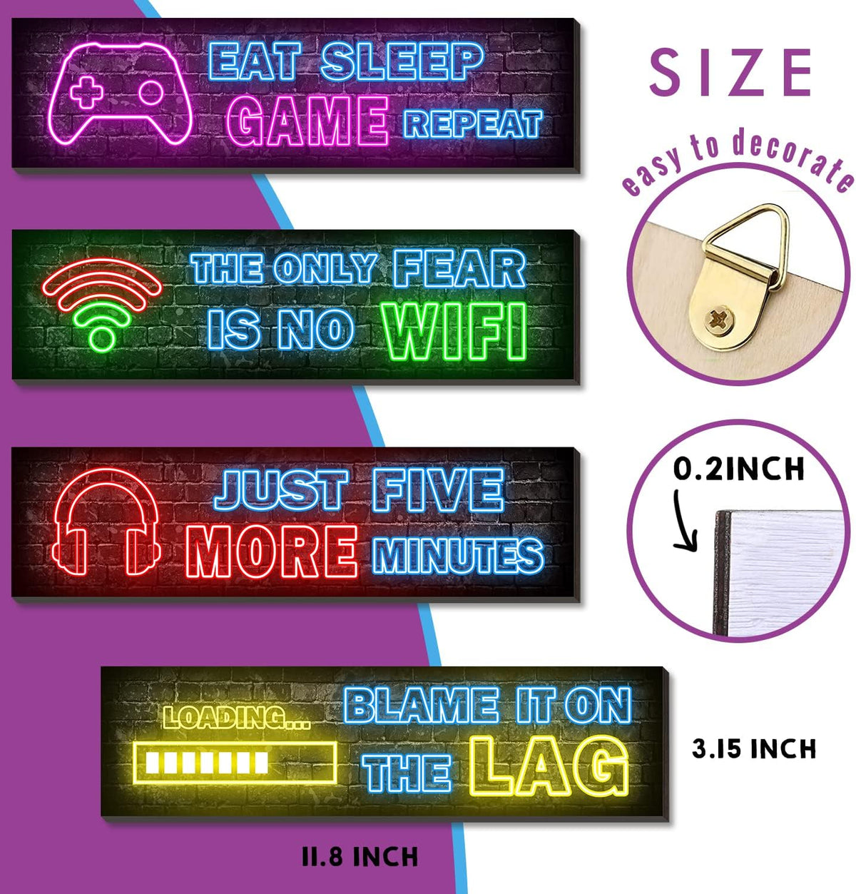 Neon Gaming Wall Posters 4-Pack – Wooden Gamer Room Decor – 2 Styles - Flex Gamingproduct_type