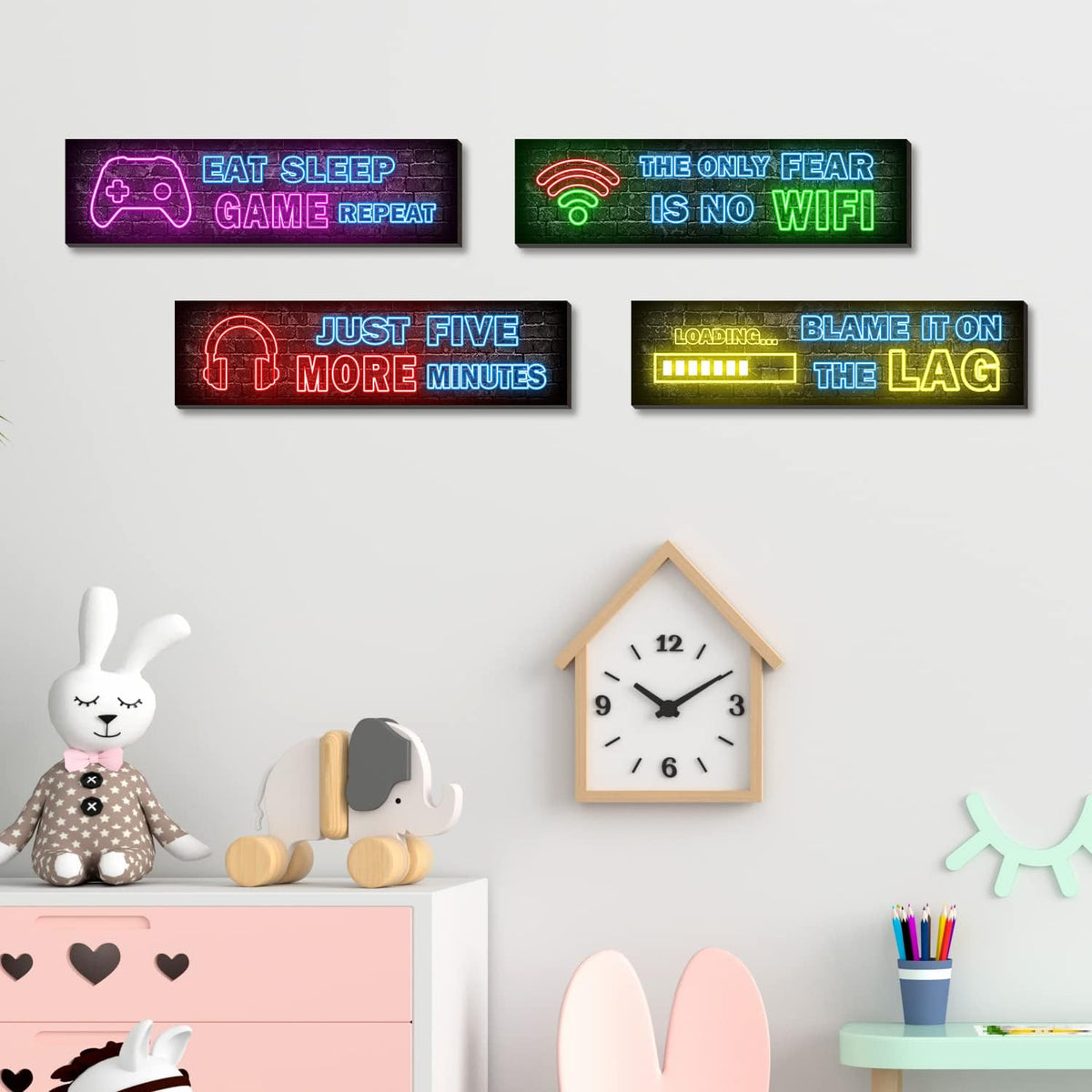 Neon Gaming Wall Posters 4-Pack – Wooden Gamer Room Decor – 2 Styles - Flex Gamingproduct_type