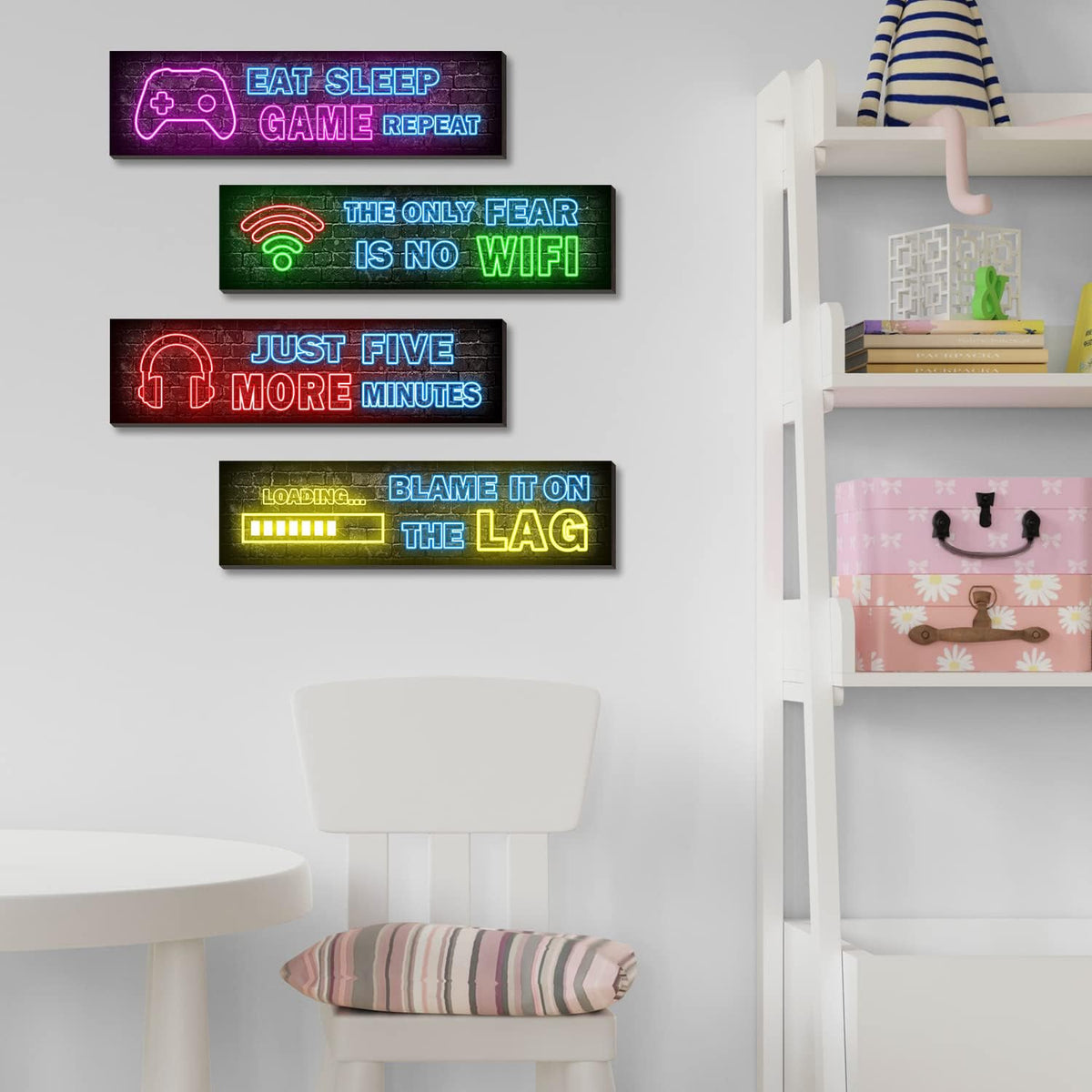 Neon Gaming Wall Posters 4-Pack – Wooden Gamer Room Decor – 2 Styles - Flex Gamingproduct_type