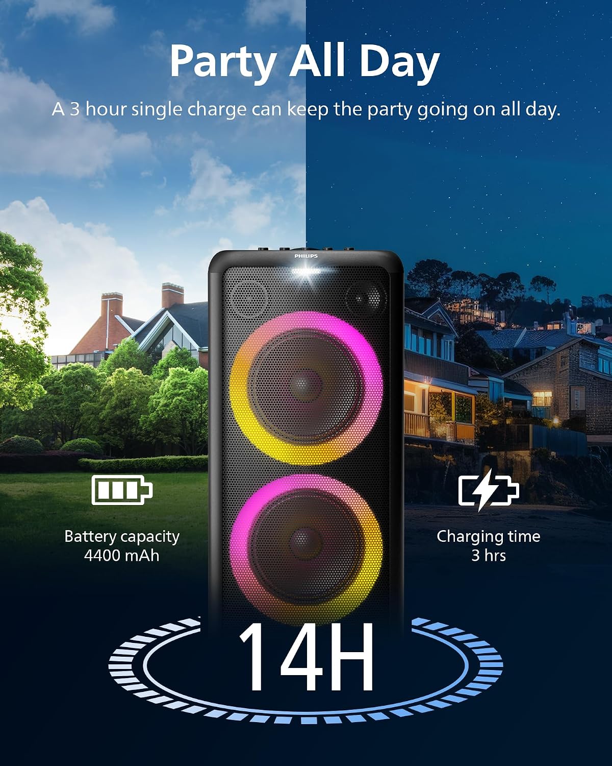 Philips X5206 Bluetooth Party Speaker - 14 Hours Play Time, Deep Bass, Party Lights, Karaoke Effects, Mic & Guitar Input, 80W Max Power, Black - Flex Gamingproduct_type