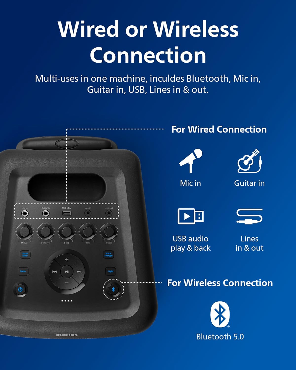 Philips X5206 Bluetooth Party Speaker - 14 Hours Play Time, Deep Bass, Party Lights, Karaoke Effects, Mic & Guitar Input, 80W Max Power, Black - Flex Gamingproduct_type
