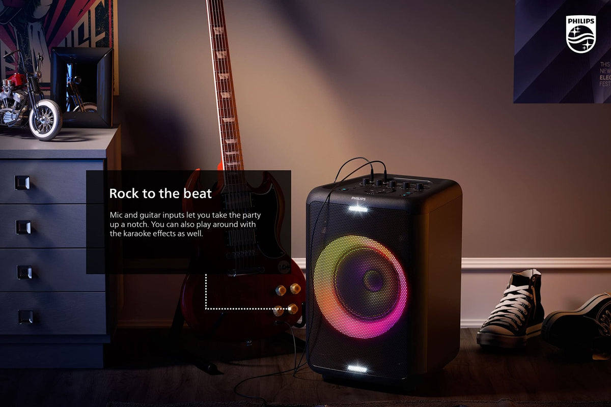 Philips X5206 Bluetooth Party Speaker - 14 Hours Play Time, Deep Bass, Party Lights, Karaoke Effects, Mic & Guitar Input, 80W Max Power, Black - Flex Gamingproduct_type