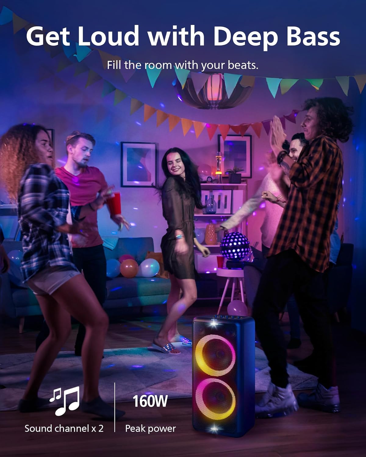 Philips X5206 Bluetooth Party Speaker - 14 Hours Play Time, Deep Bass, Party Lights, Karaoke Effects, Mic & Guitar Input, 80W Max Power, Black - Flex Gamingproduct_type