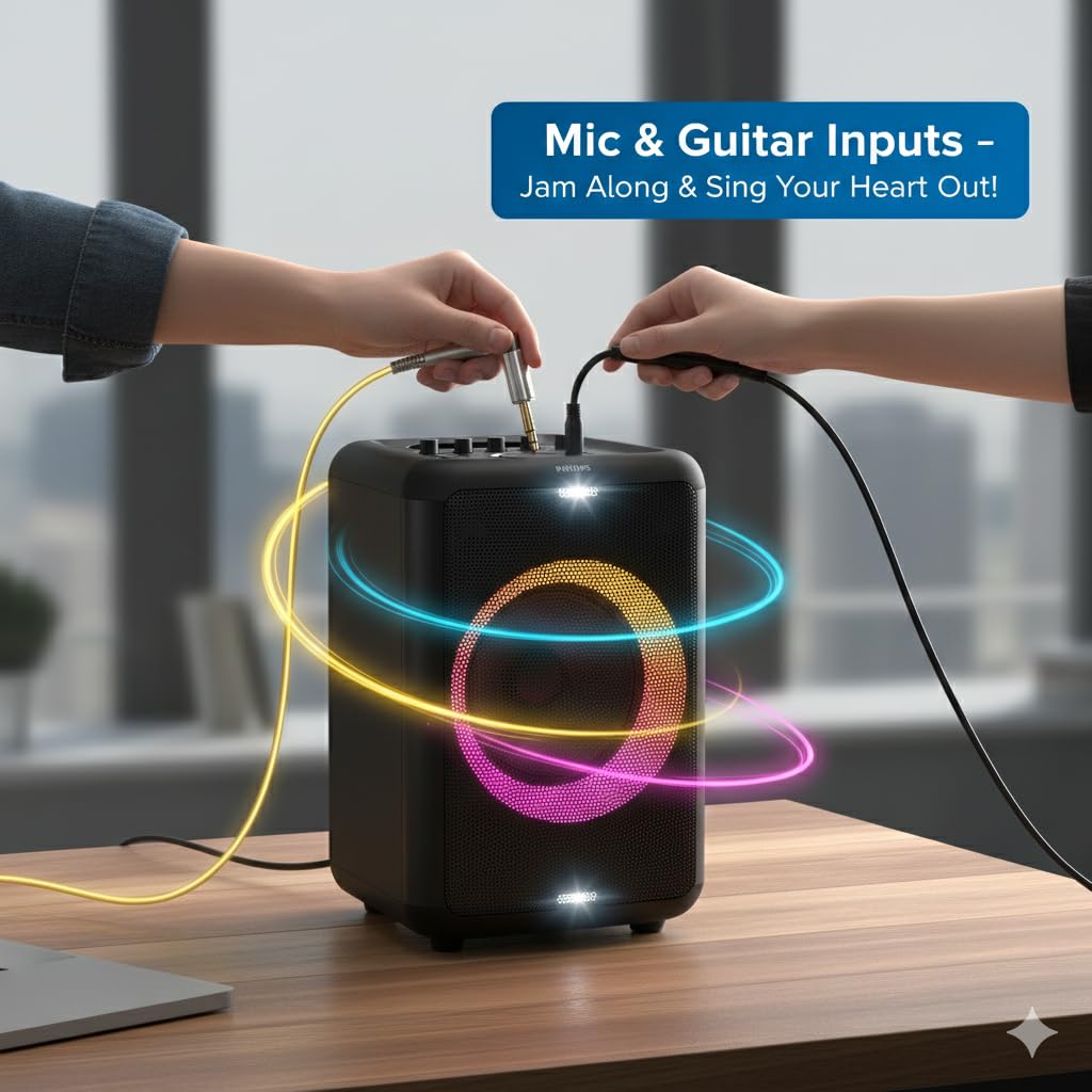 Philips X5206 Bluetooth Party Speaker - 14 Hours Play Time, Deep Bass, Party Lights, Karaoke Effects, Mic & Guitar Input, 80W Max Power, Black - Flex Gamingproduct_type