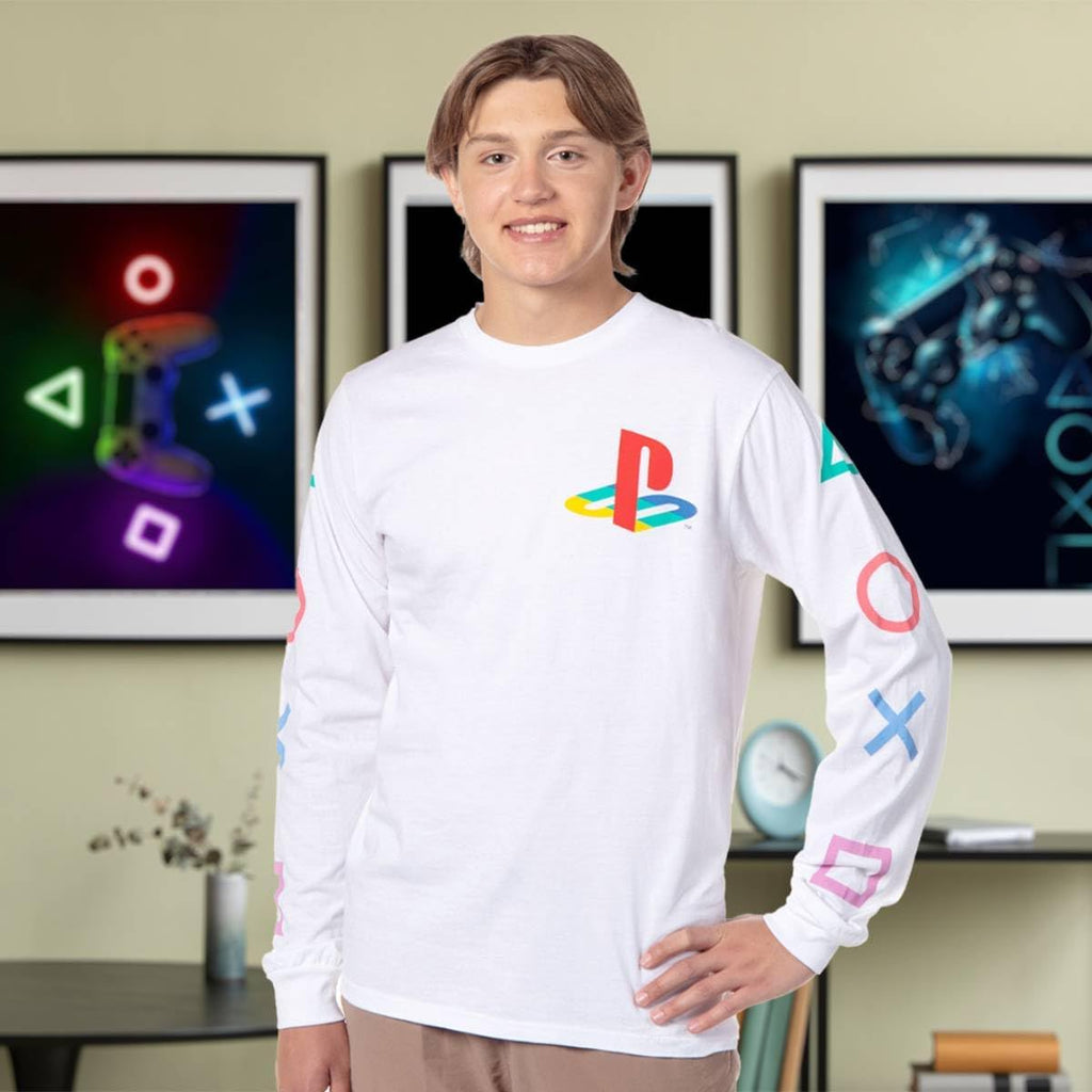 PlayStation Controller Icons Long Sleeve Tee – White, Adult Sizes - Flex Gamingproduct_type