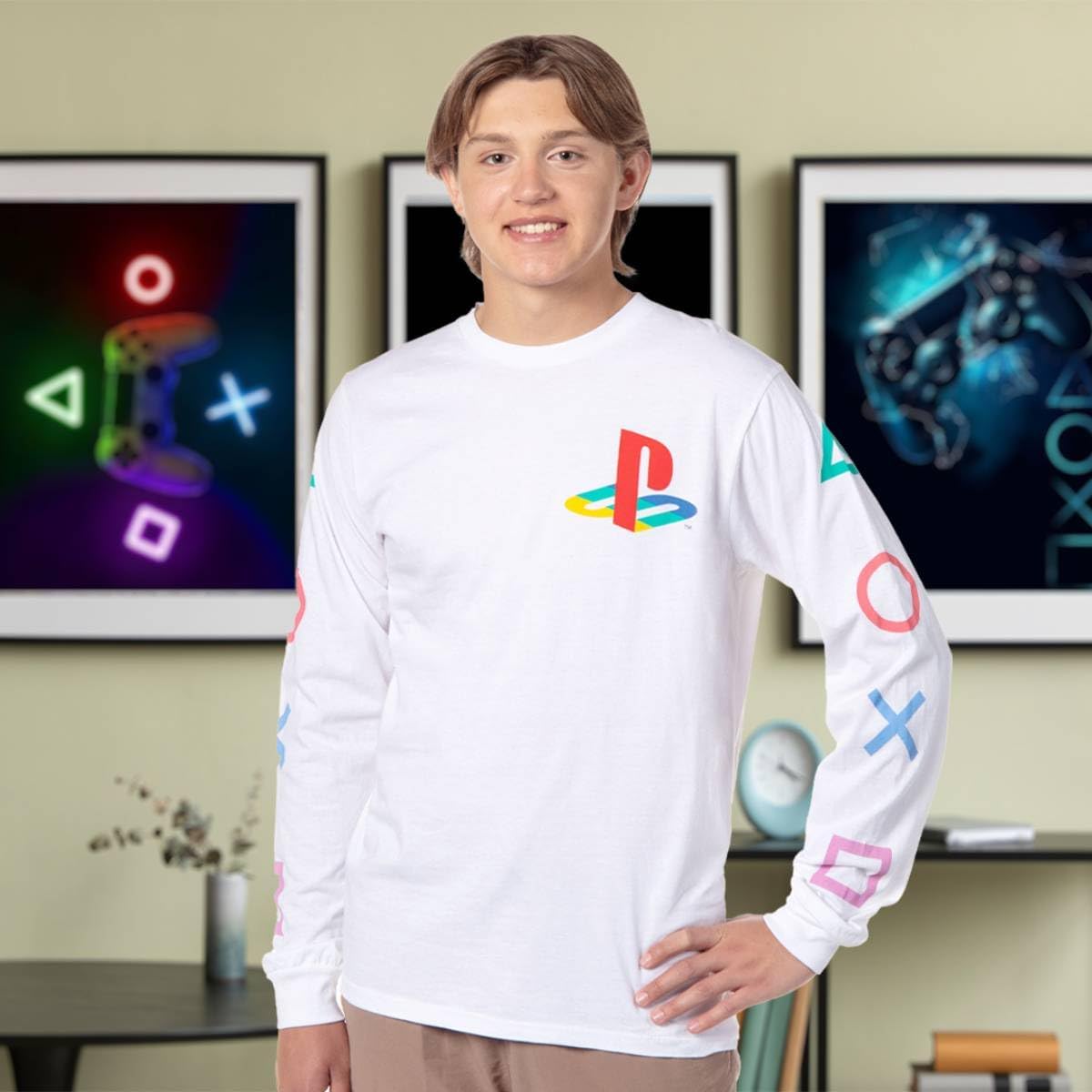 PlayStation Controller Icons Long Sleeve Tee – White, Adult Sizes - Flex Gamingproduct_type