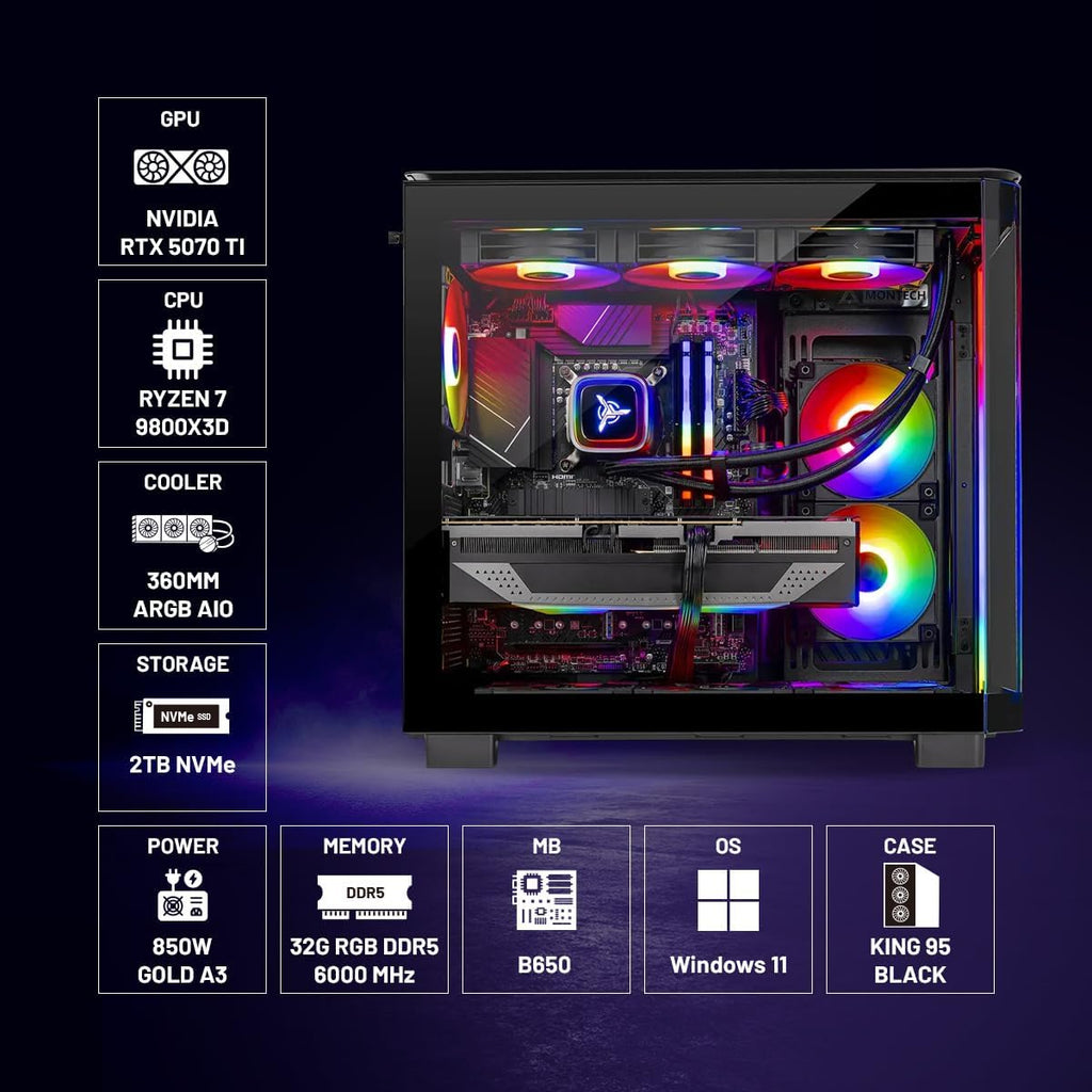 Skytech Gaming King 95 Desktop PC, Ryzen 7 9800X3D 4.7 GHz (5.2 GHz), NVIDIA RTX 5070 Ti 16GB, 2TB Gen4 NVMe SSD, 32GB DDR5 RAM 6000 RGB, 850W Gold PSU, 360mm ARGB AIO, Wi-Fi, Win 11 - Flex Gamingproduct_type