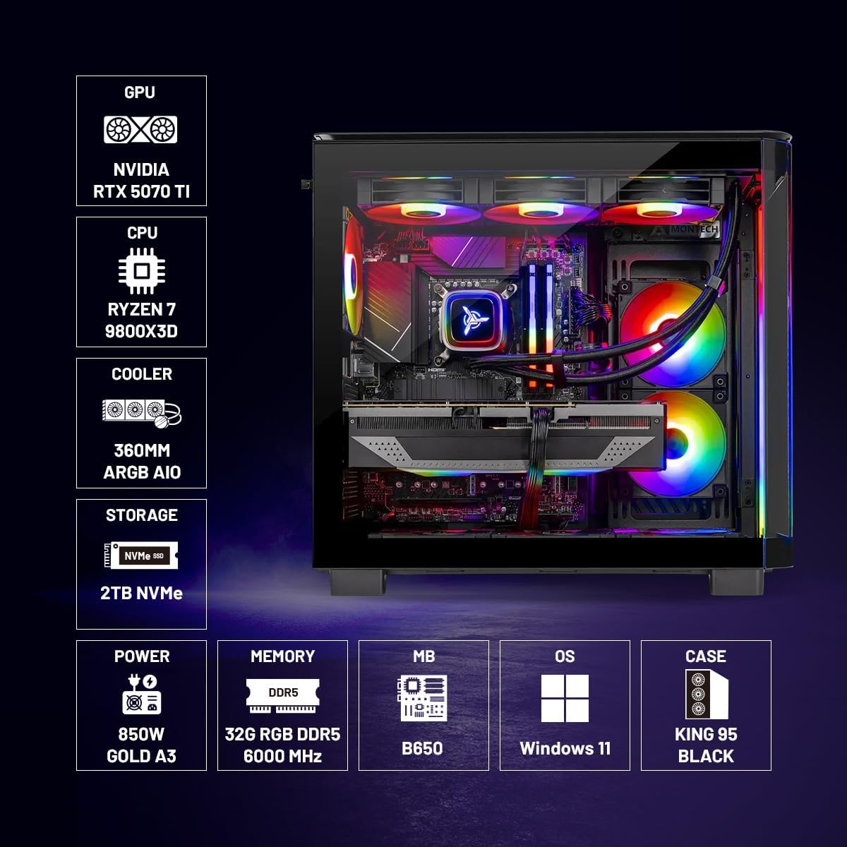 Skytech Gaming King 95 Desktop PC, Ryzen 7 9800X3D 4.7 GHz (5.2 GHz), NVIDIA RTX 5070 Ti 16GB, 2TB Gen4 NVMe SSD, 32GB DDR5 RAM 6000 RGB, 850W Gold PSU, 360mm ARGB AIO, Wi-Fi, Win 11 - Flex Gamingproduct_type