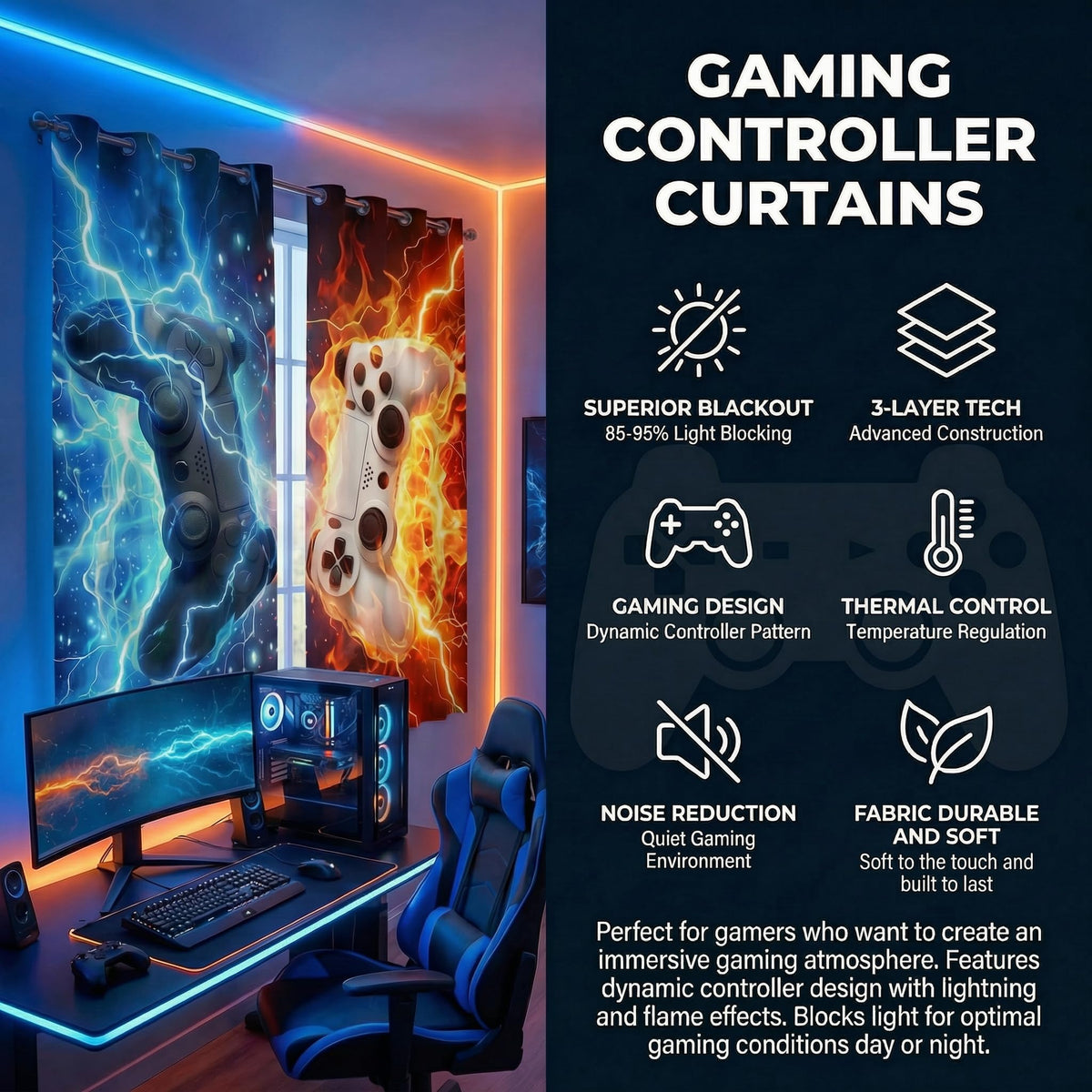 Sordcoz Gaming Blackout Curtains, 2 Panels – 6 Sizes & 6 Designs - Flex Gamingproduct_type