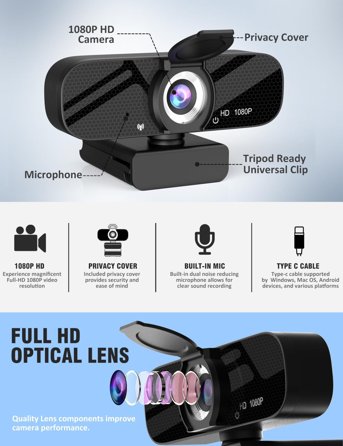 Tewiky Full HD Webcam with Mic & Rotatable Tripod – 4 Styles - Flex Gamingproduct_type