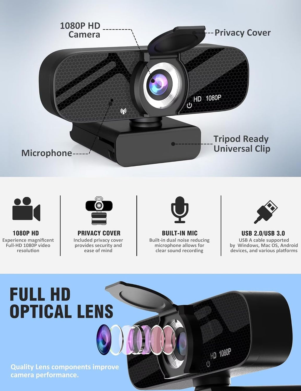 Tewiky Full HD Webcam with Mic & Rotatable Tripod – 4 Styles - Flex Gamingproduct_type