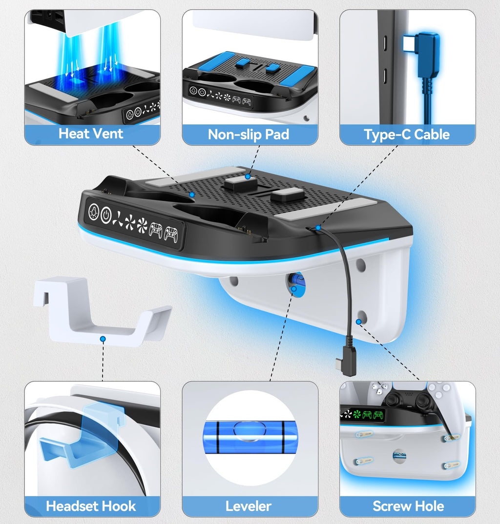 Tokluck PS5 Wall Mount Kit with Cooling Fan & Charging Station – 2 Sizes & 3 Colours - Flex Gamingproduct_type