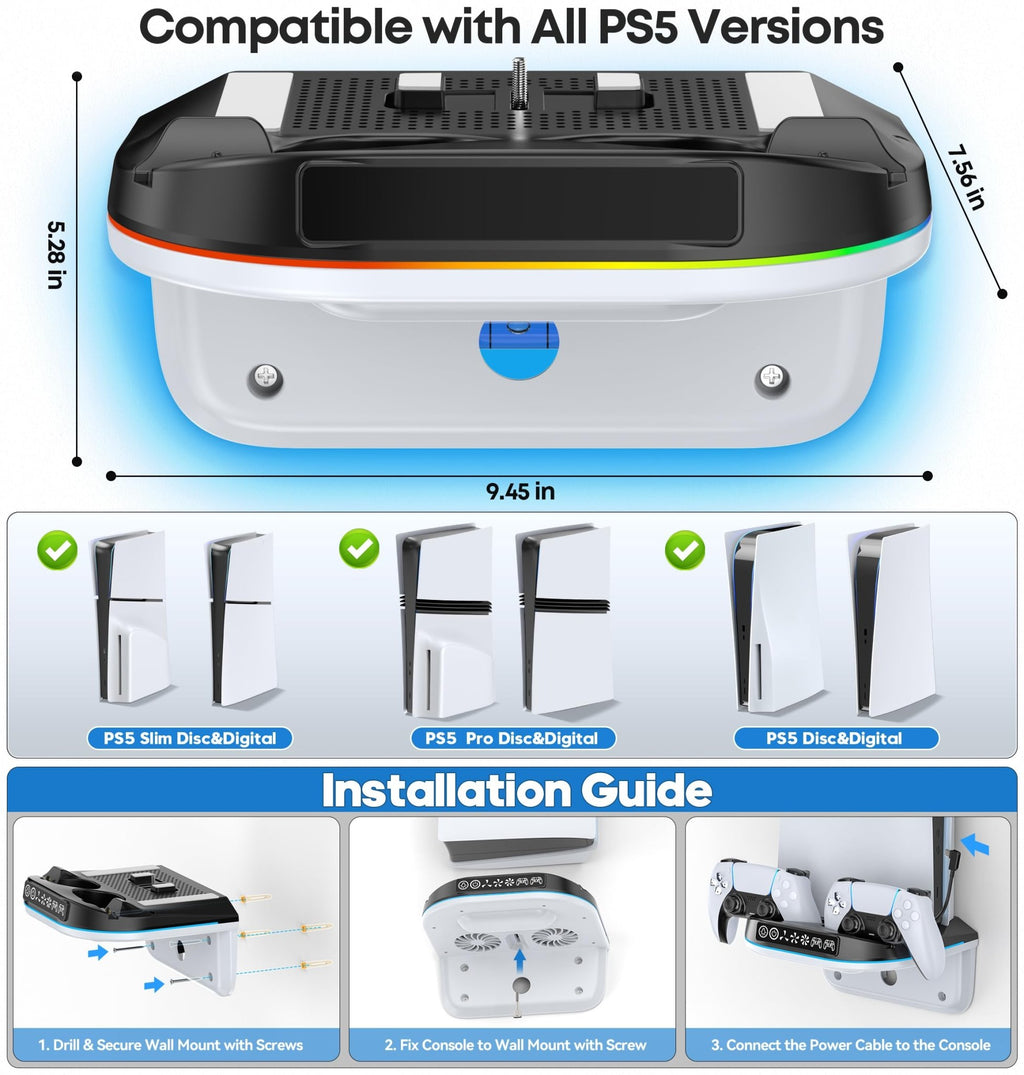 Tokluck PS5 Wall Mount Kit with Cooling Fan & Charging Station – 2 Sizes & 3 Colours - Flex Gamingproduct_type