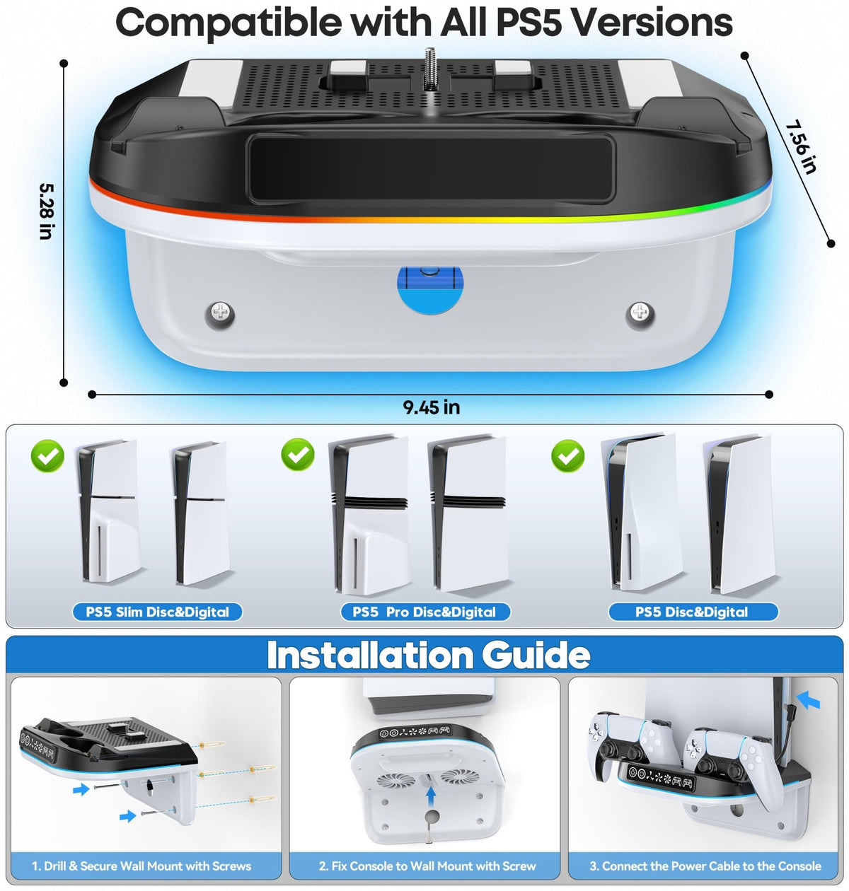 Tokluck PS5 Wall Mount Kit with Cooling Fan & Charging Station – 2 Sizes & 3 Colours - Flex Gamingproduct_type